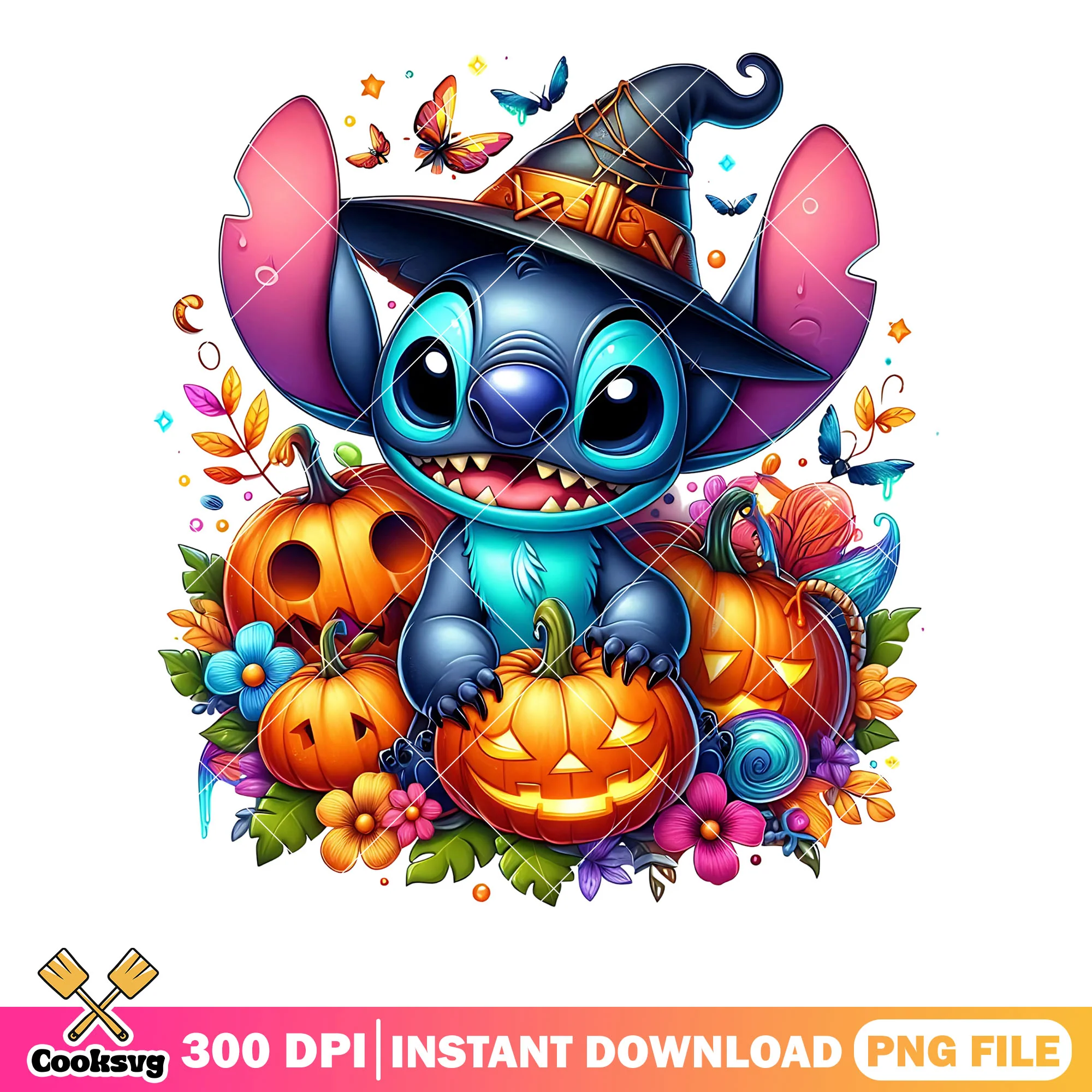 Spooky stitch cute png, witches hat png, jack o lantern png