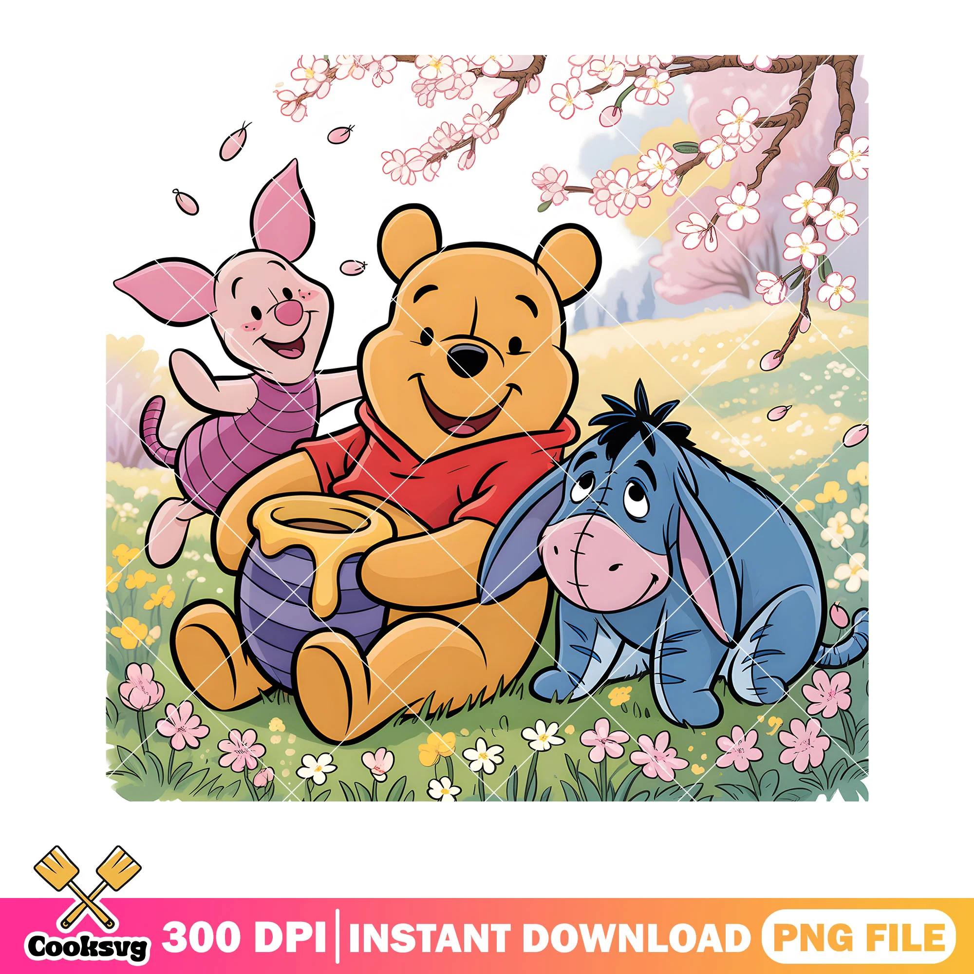 Spring blossom pooh piglet eeyore png, pooh poster png, pooh and friends png