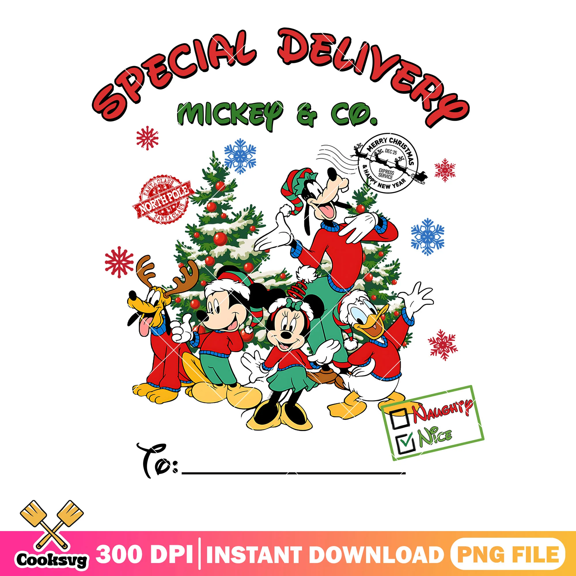 Stamp xmas mickey and co png, merry christmas png, north pole png