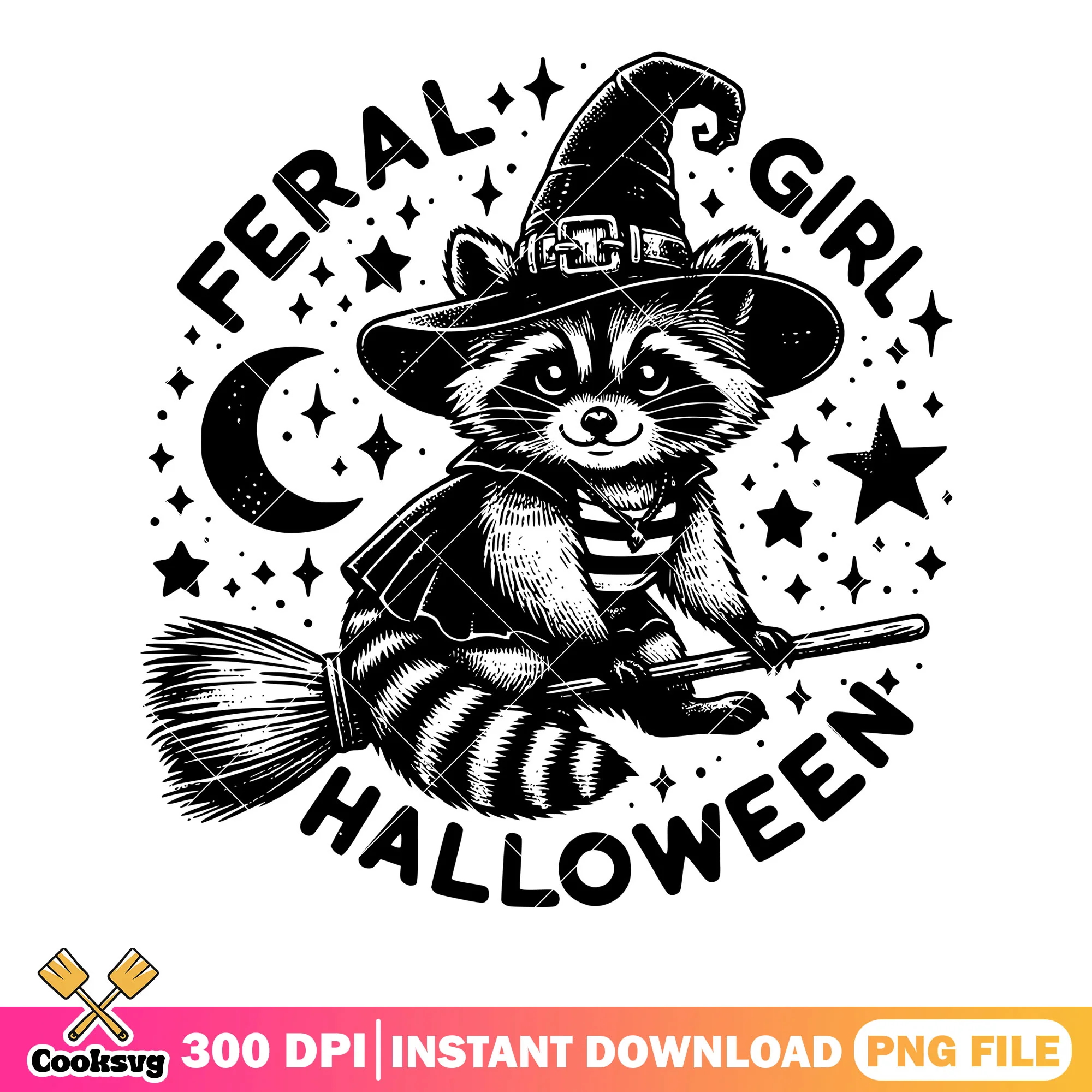 Starry night raccoon witch png, cresnt moon png, halloween scary png