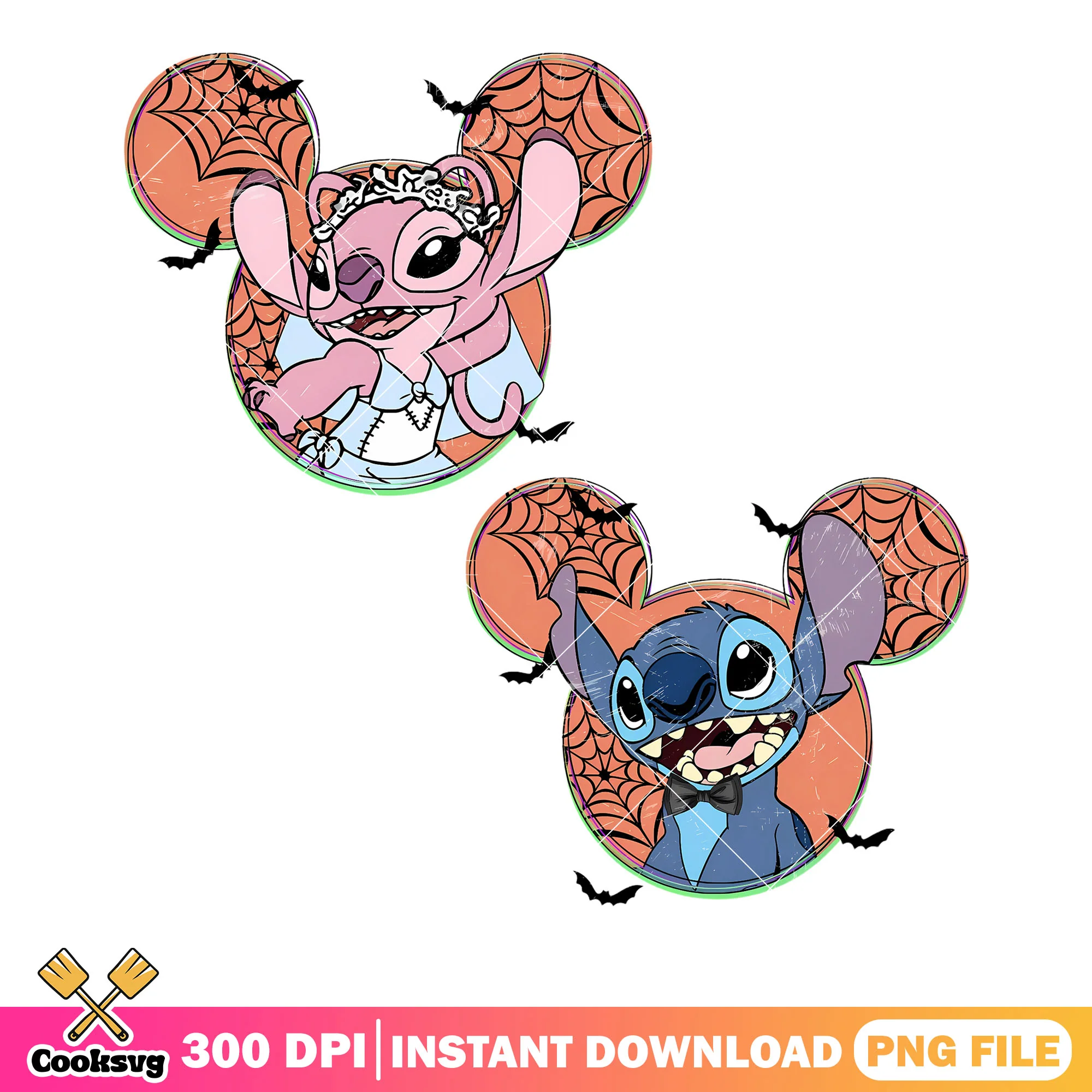 Stitch and angel png, spider webs png, halloween disney png
