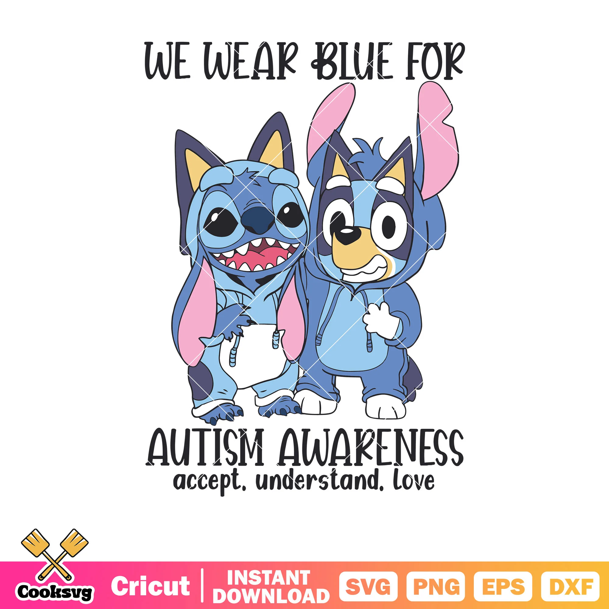 Stitch bluey we wear blue for autism svg, autism awareness svg, bluey dog svg