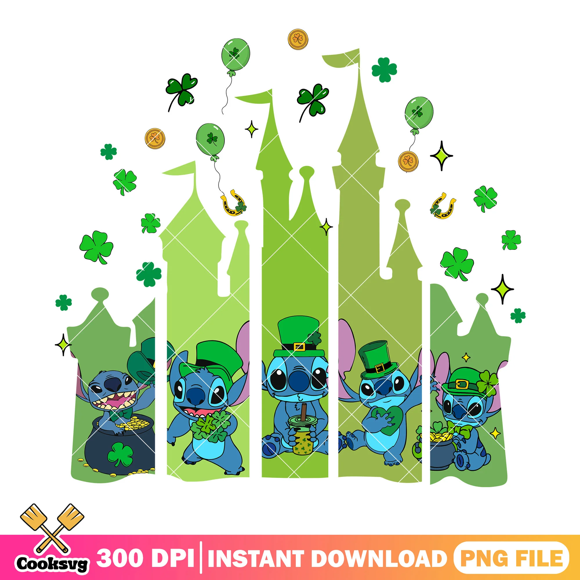 Stitch castle patrick day png, disney castle png, stitch patrick day png