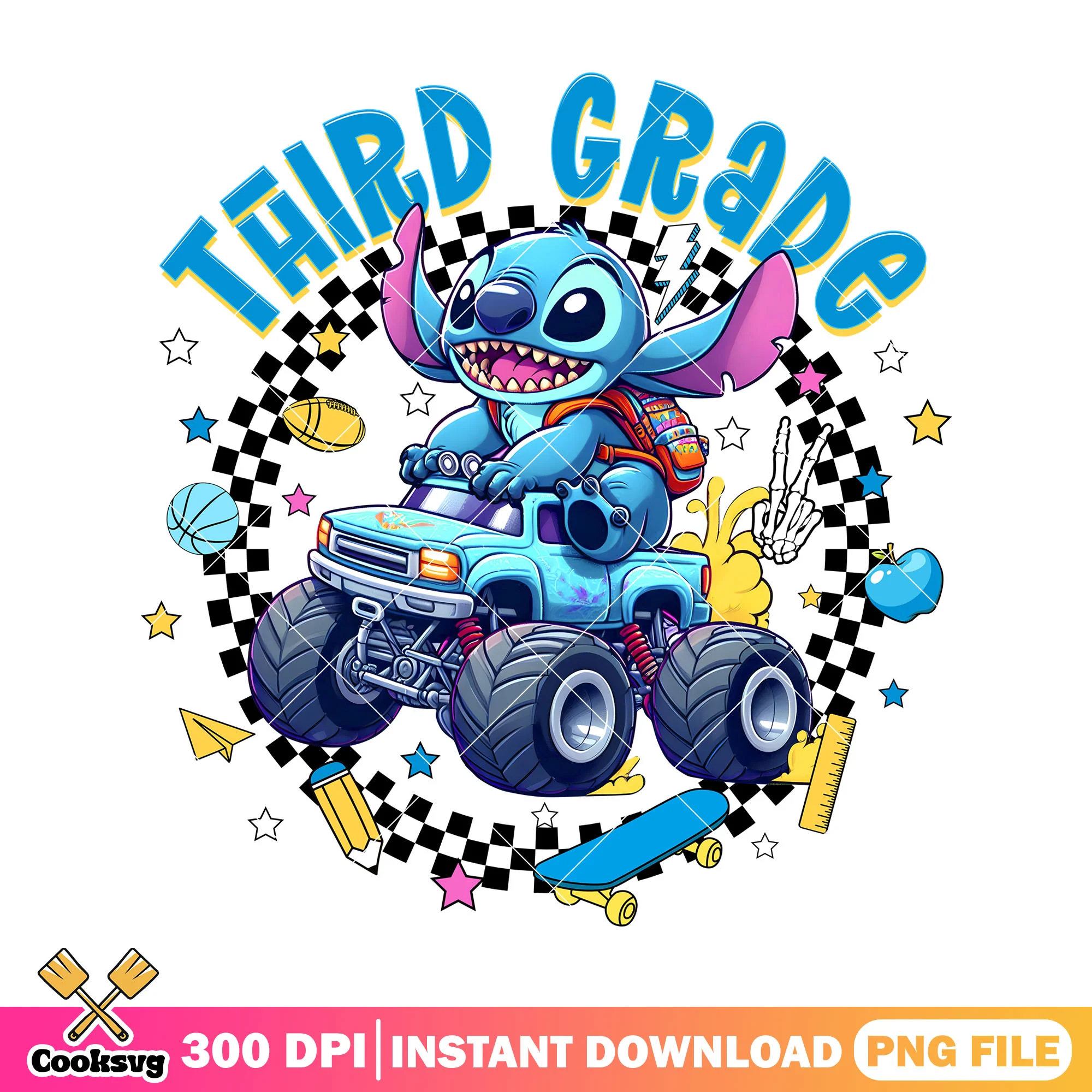 Stitch driving car design png, 3rd grade png, back to school art png
