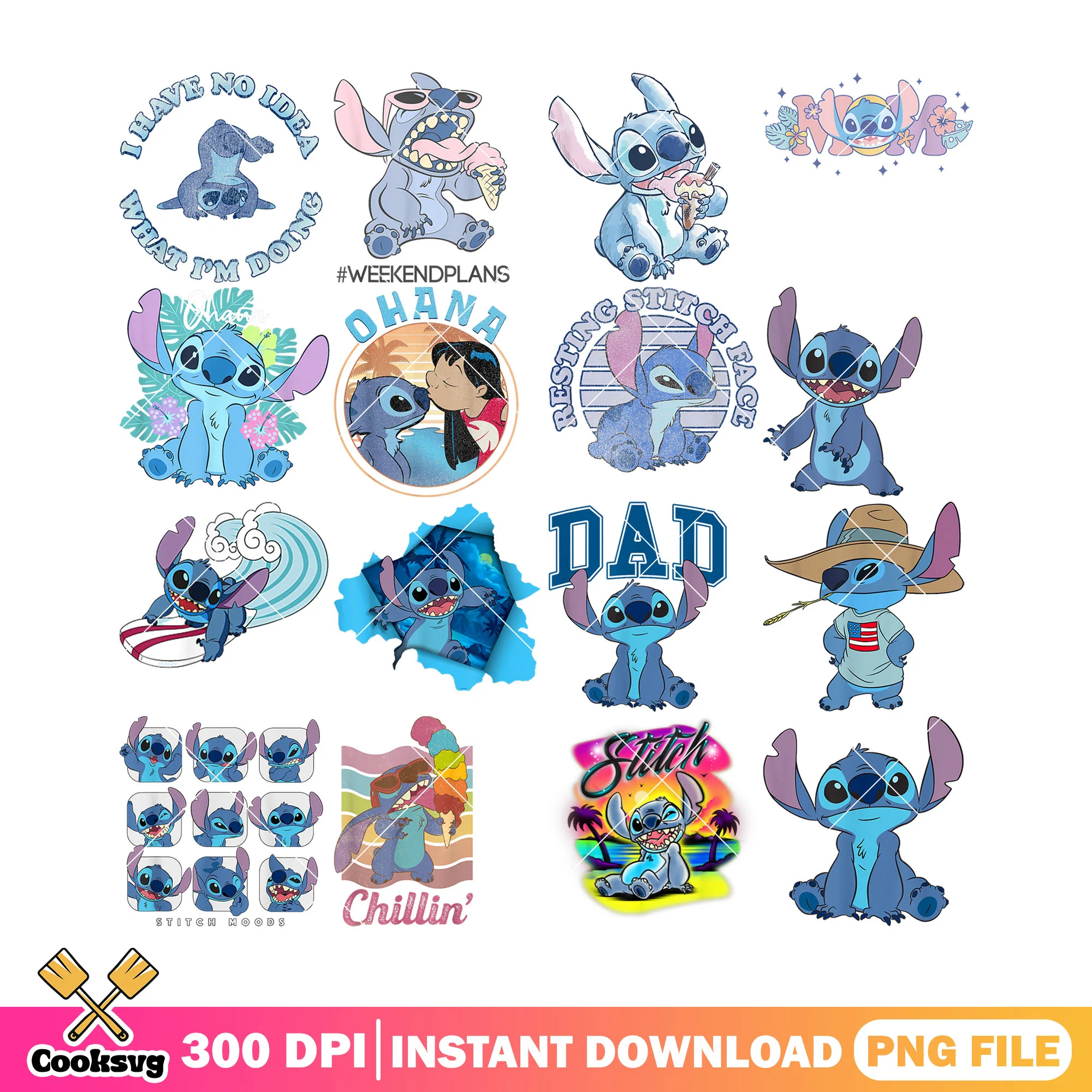 Stitch ohana chillin png bundle, stitch lilo png, stitch ohana png