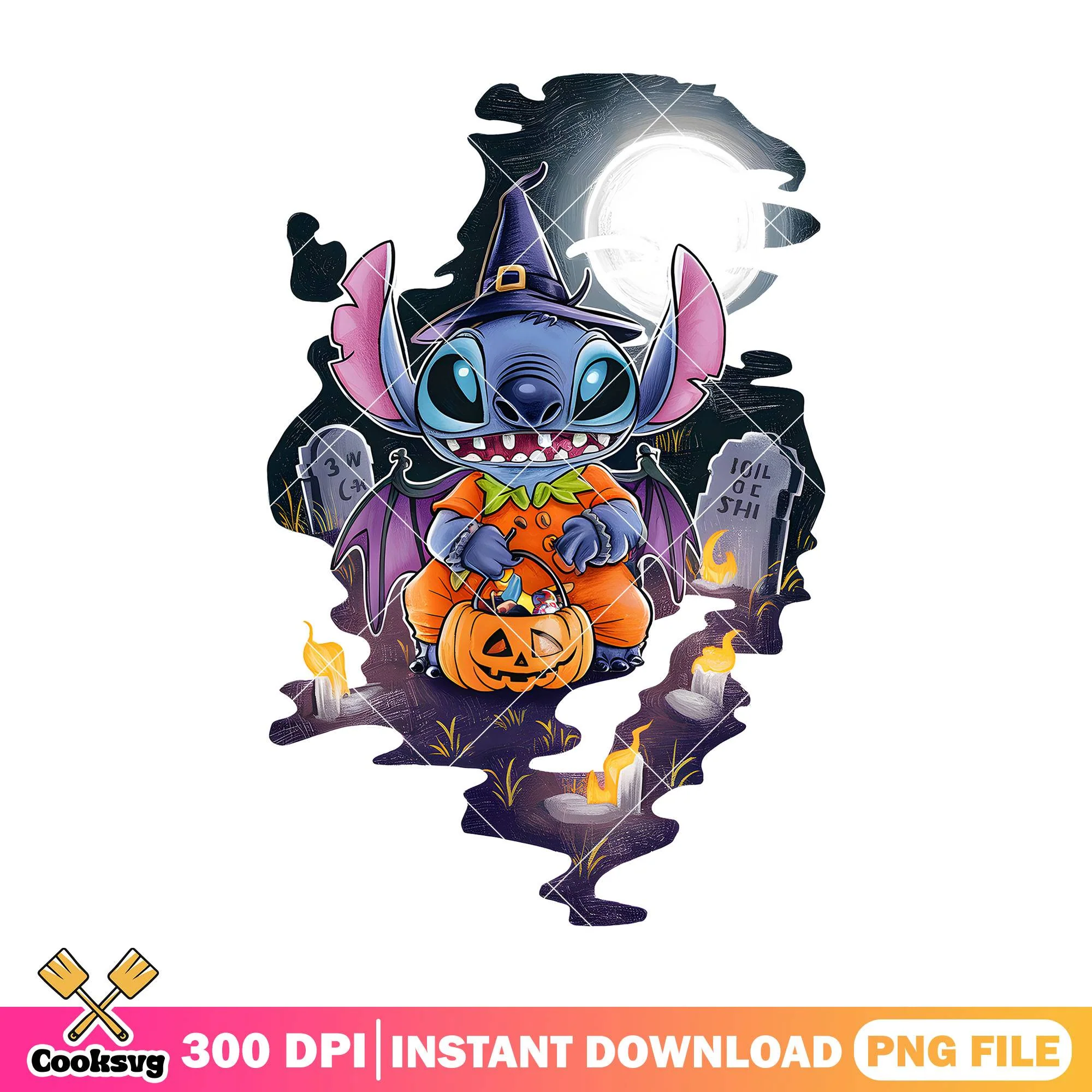 Stitch pumpkin witch png, halloween decor png, disney movies png