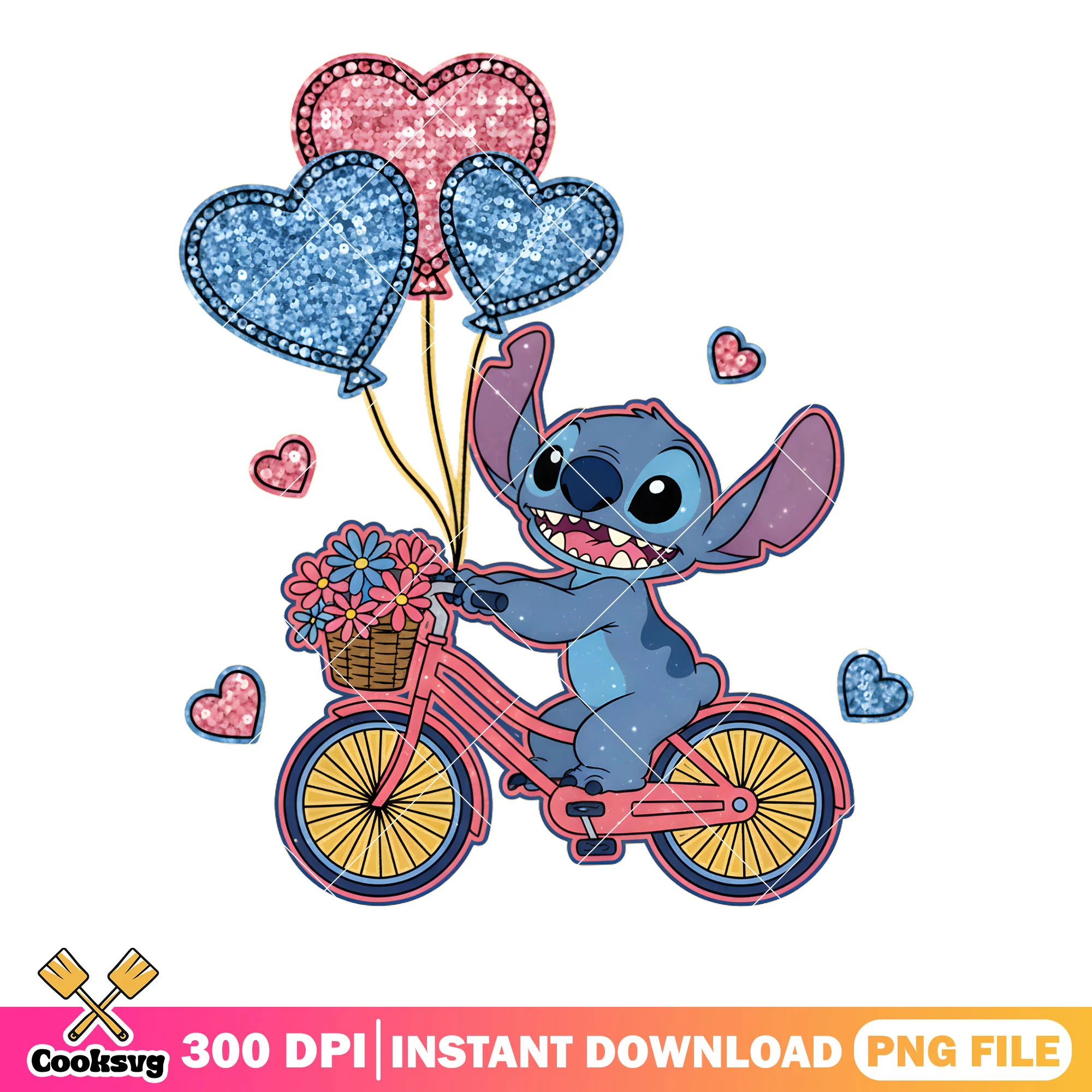Stitch ride bike valentine png, valentine poster png, disney valentine png
