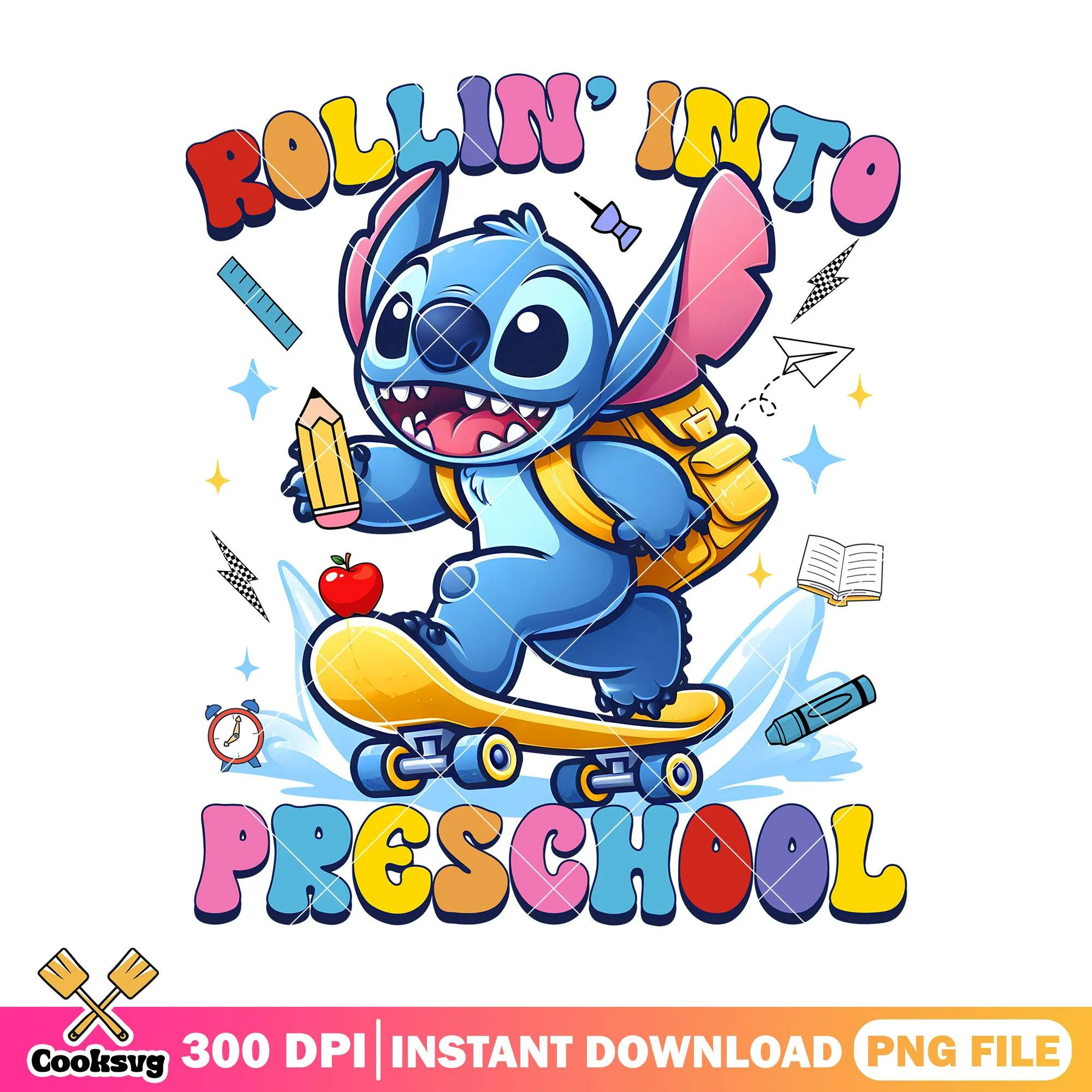 Stitch rollin' into preschool png, stitch cute png, back to school png