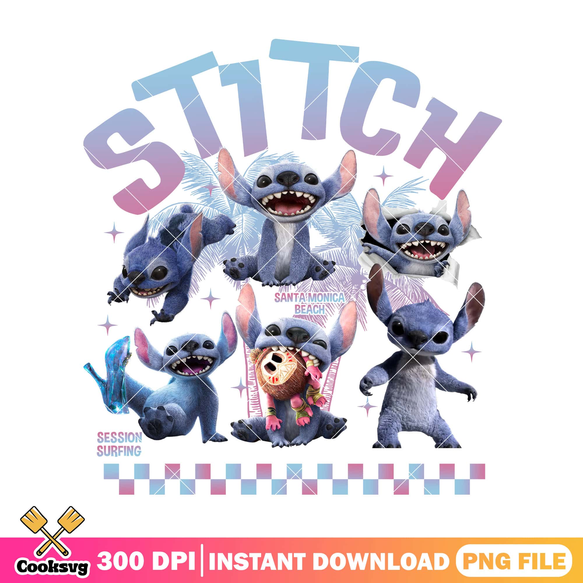 Stitch santa monica beach png, stitch beach png, pink stitch png