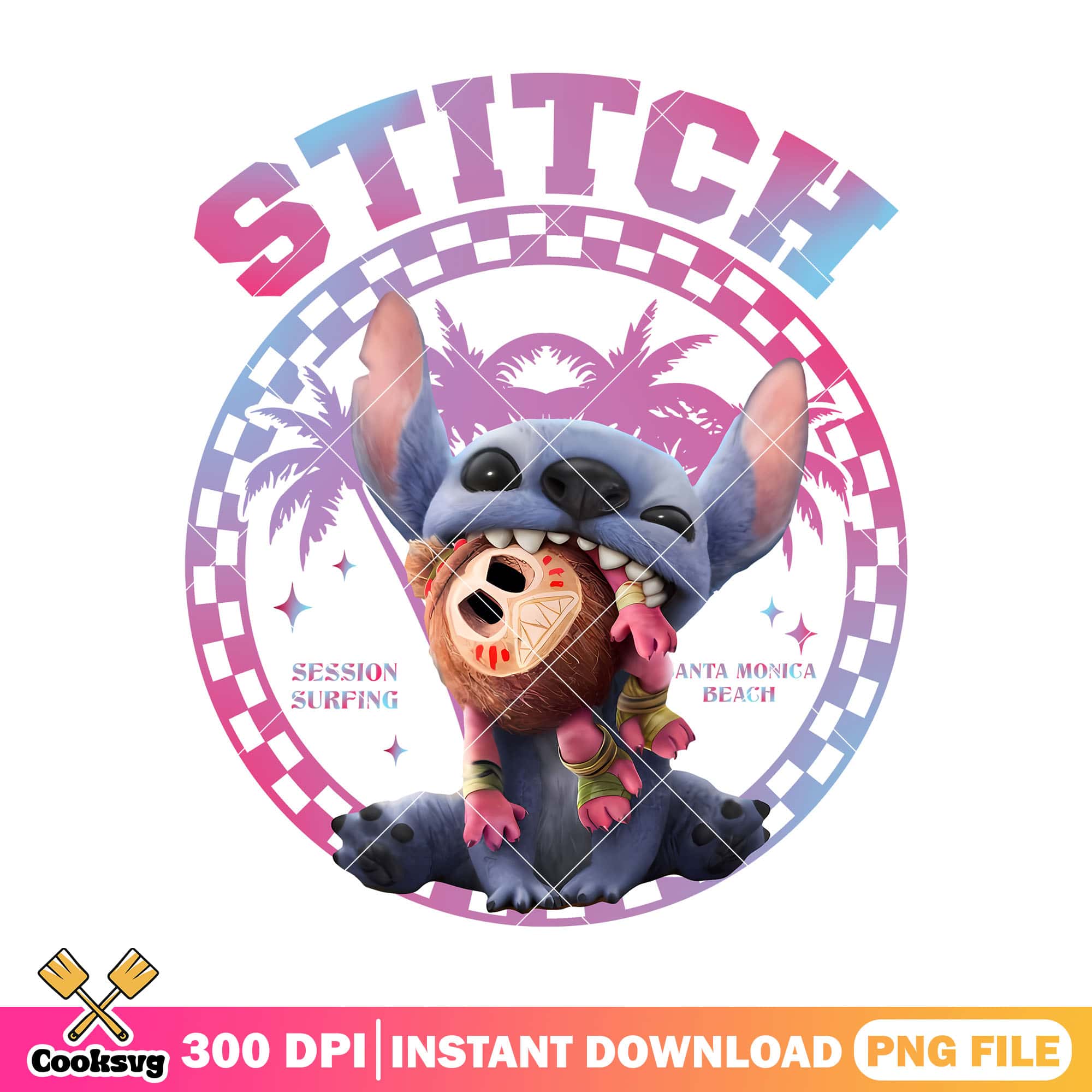 Stitch session surfing pink png, pink stitch png, stitch bite png