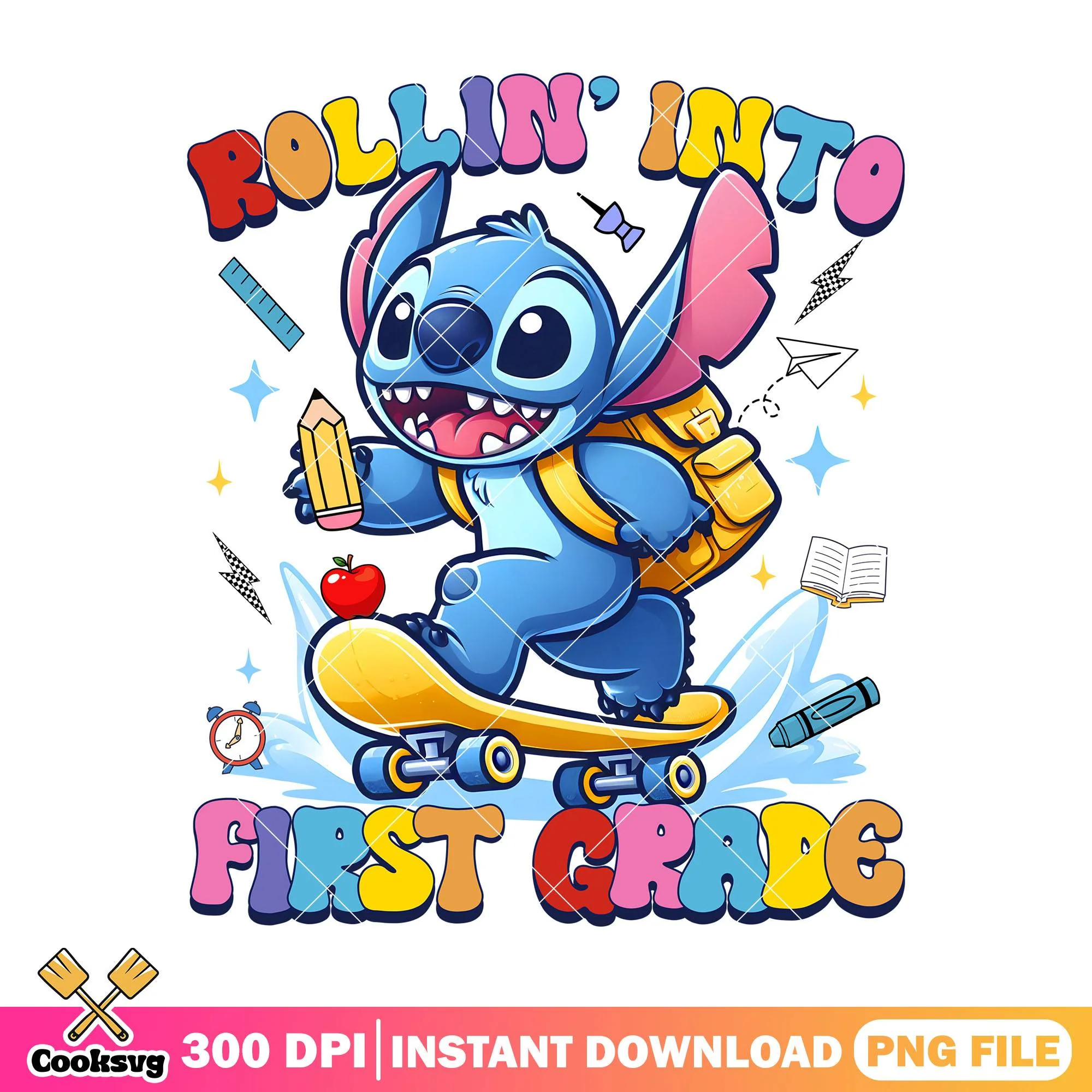 Stitch skateboarding png, disney cartoon png, go back to school png