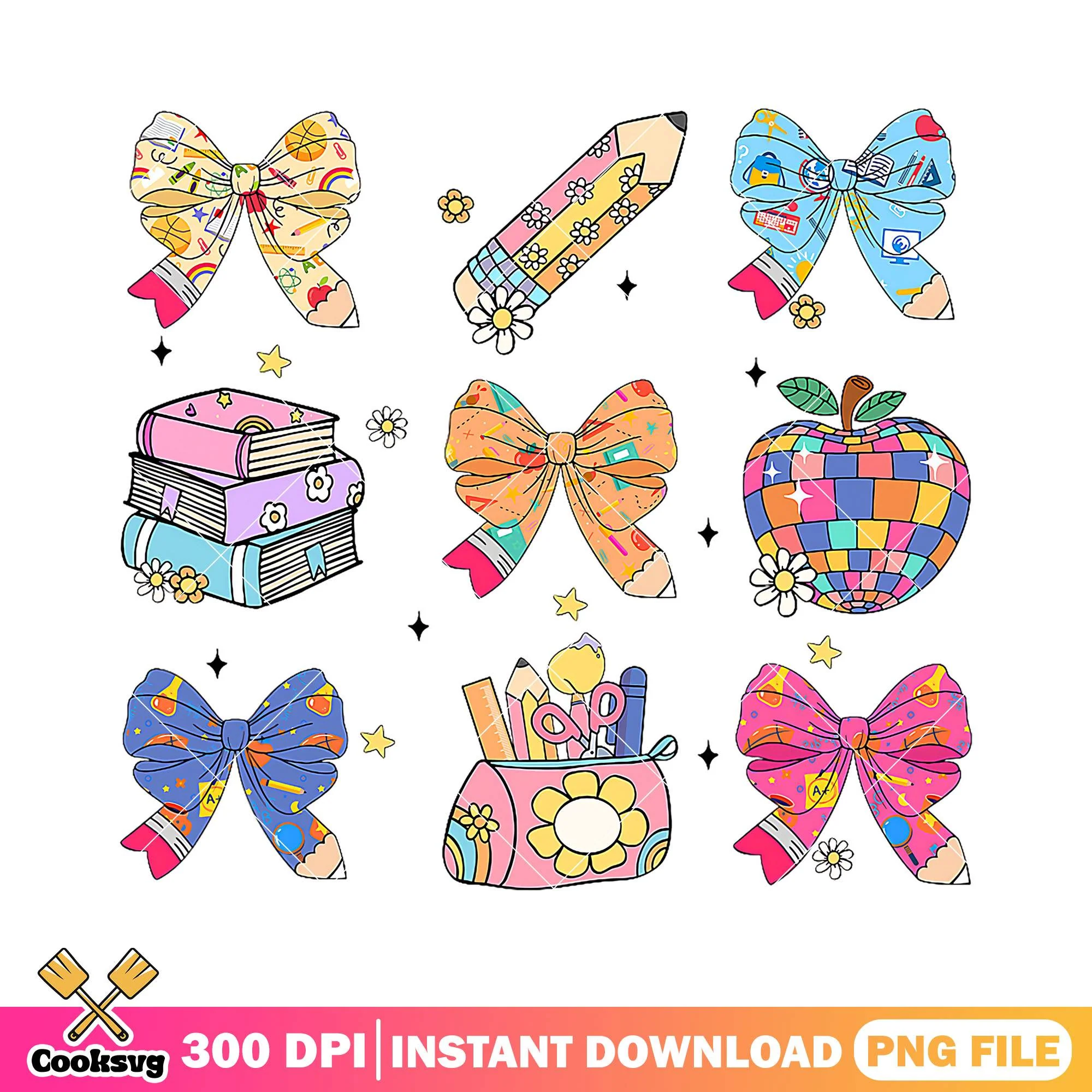 Studying items design file png, back to school png, colors bow png