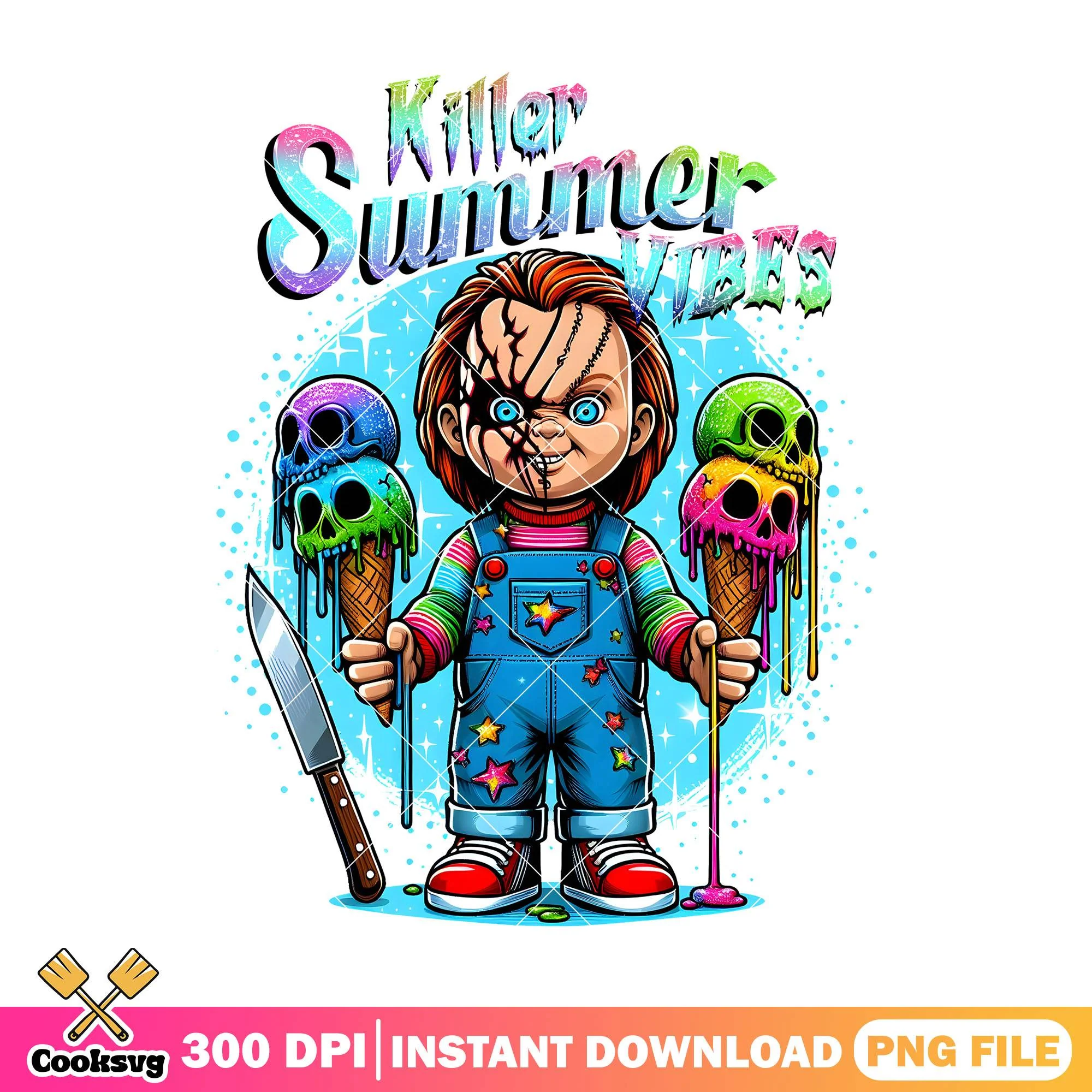 Summer chucky vibes png, chucky costume png, happy halloween png