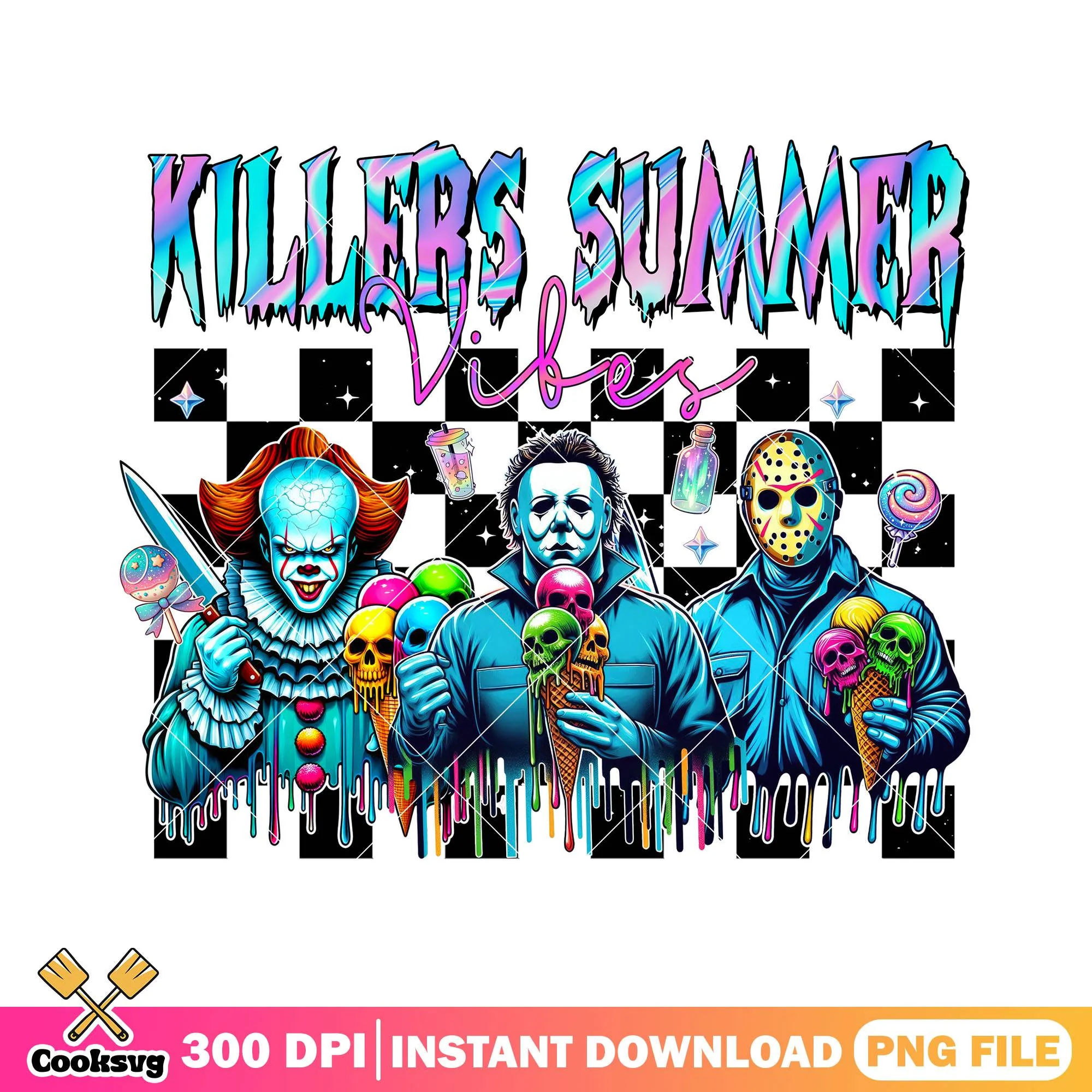 Summer vibes killers png, horror killers png, halloween candy png