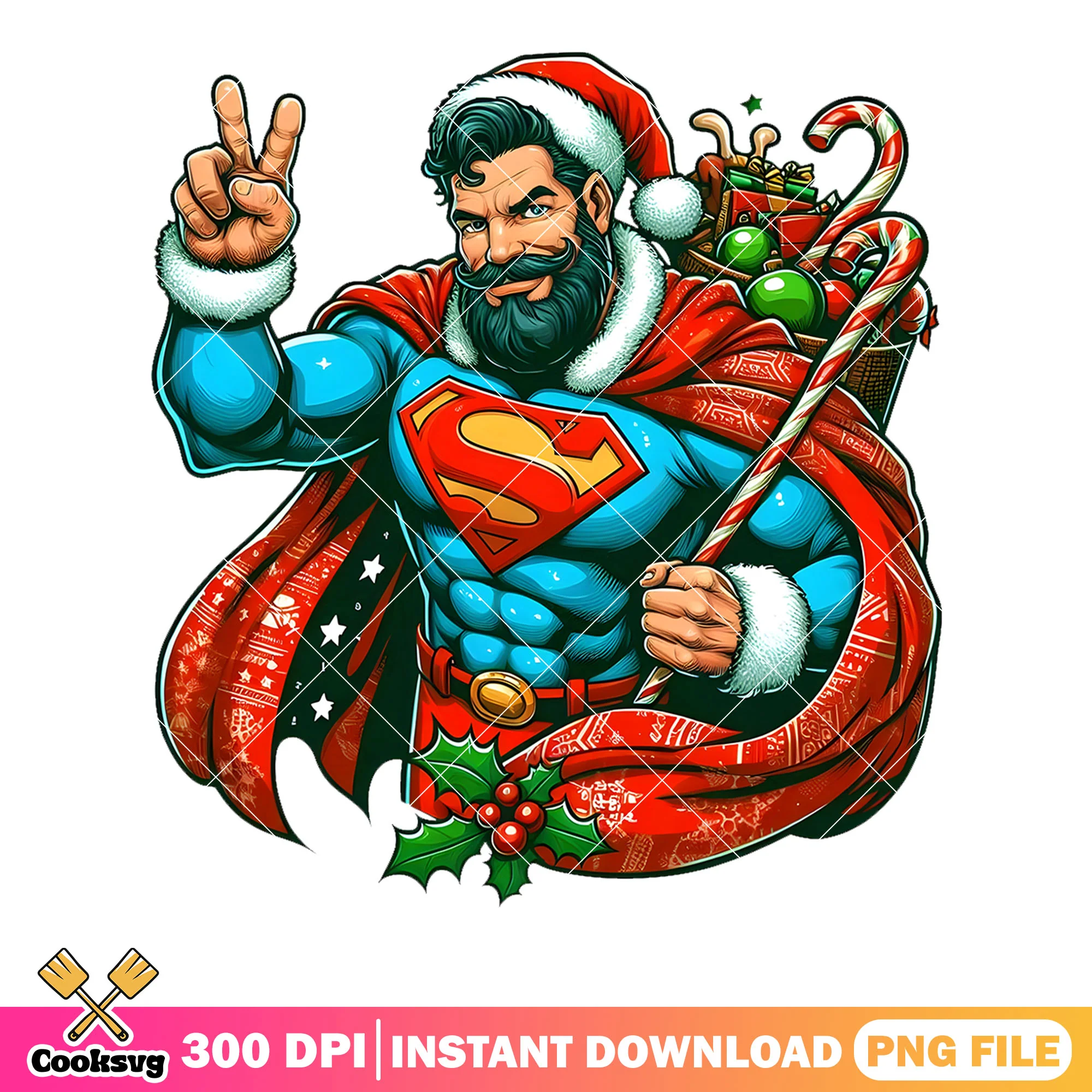 Superman bag presents png, super santa beard png, gift candy cane png