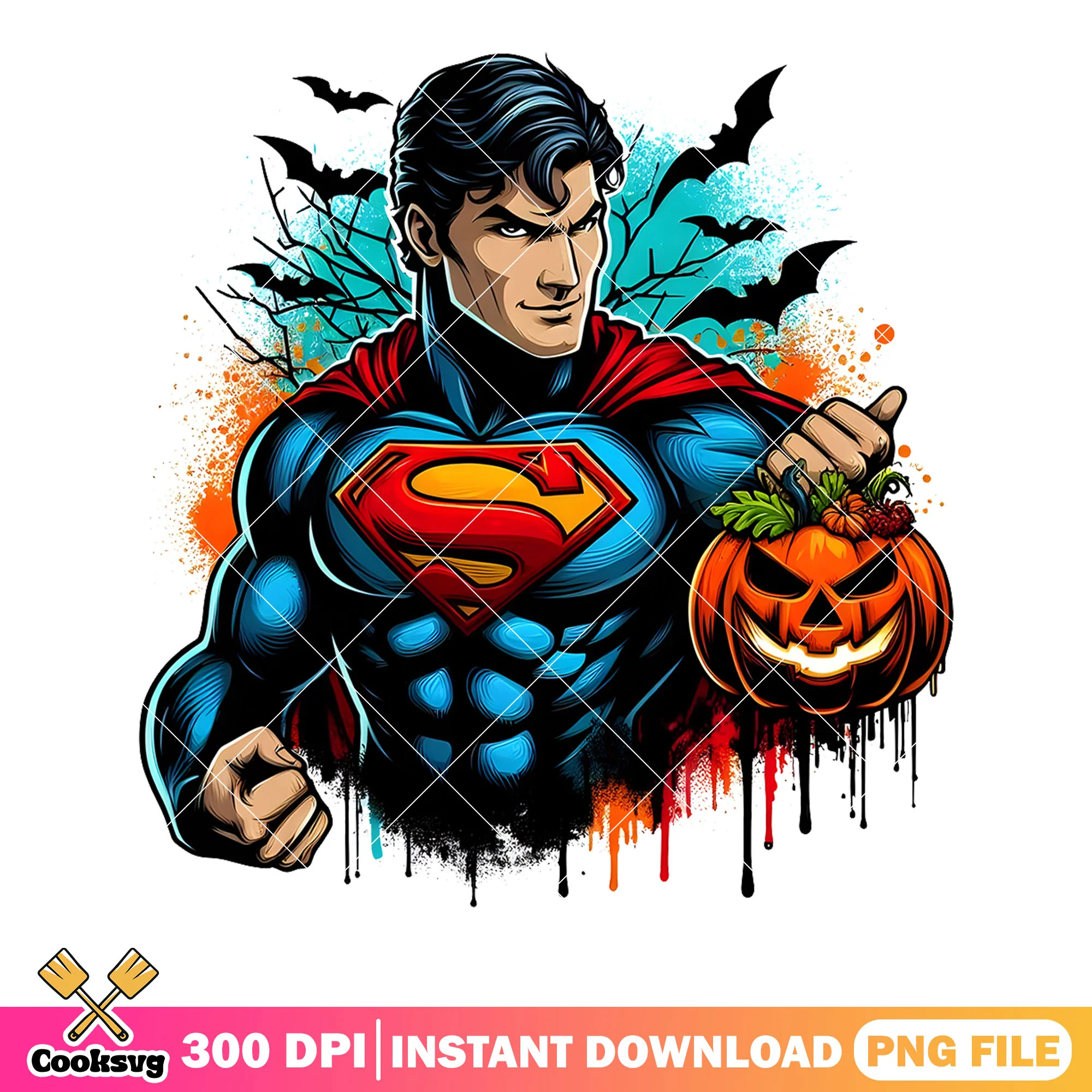 Superman halloween png, halloween dc comics png, wicker pompkin png