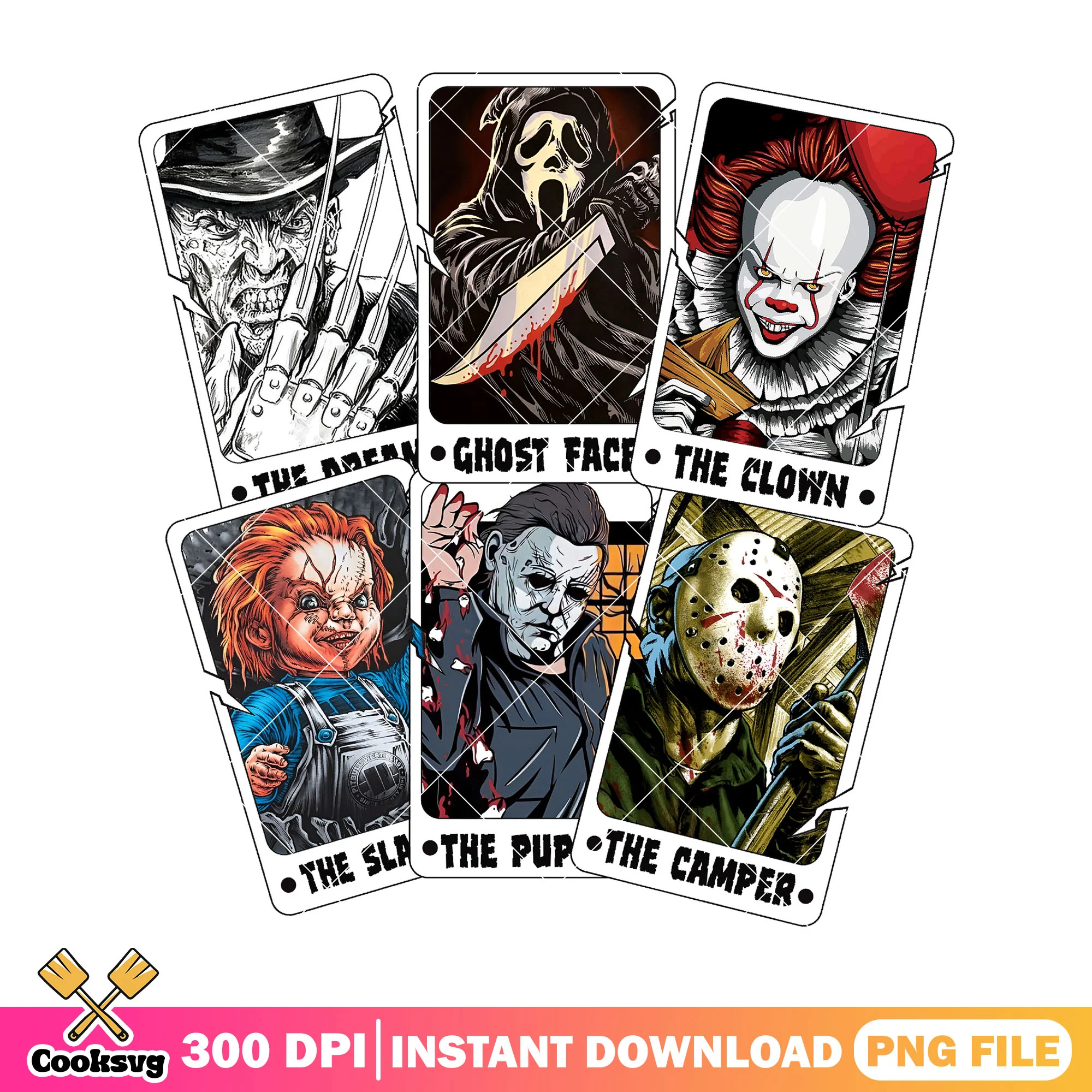 Tarot card halloween horror characters png, scary villains png