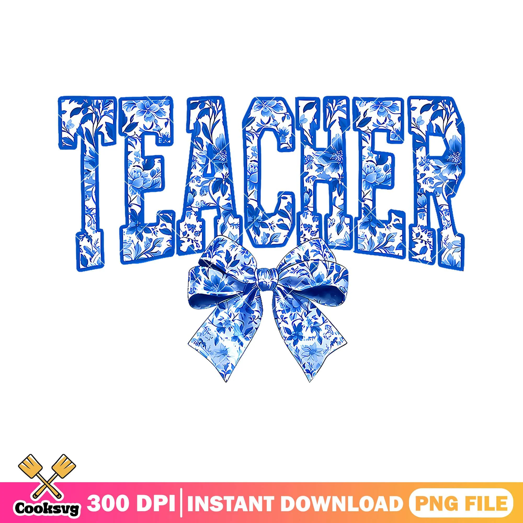 Teacher blue bow design png, back to school art png, cute font png