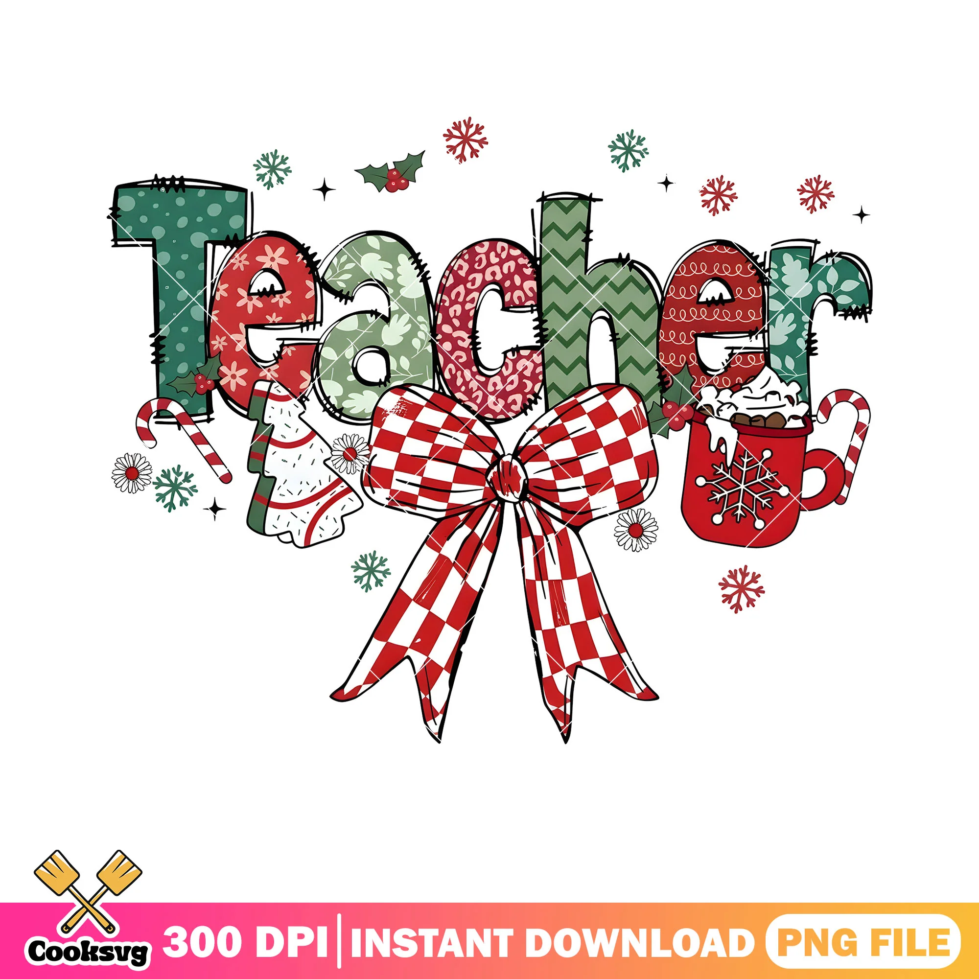 Teacher day christmas design png, candy cane png, snowflake png