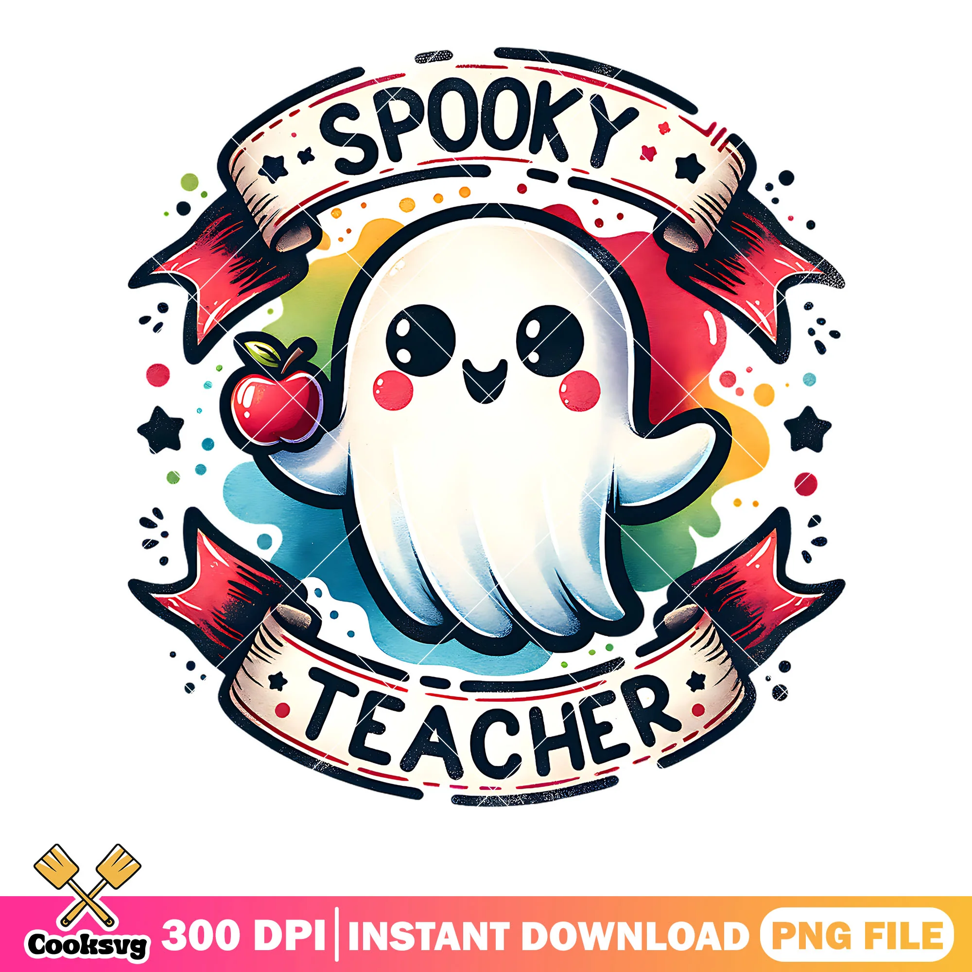 Teacher spooky red apple png, ghost costume png, scary halloween png