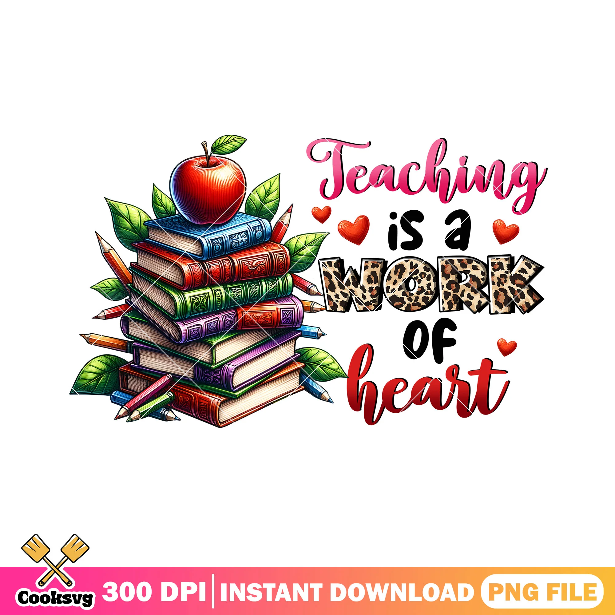 Teacher work heart png, books supplies png, going back to school png