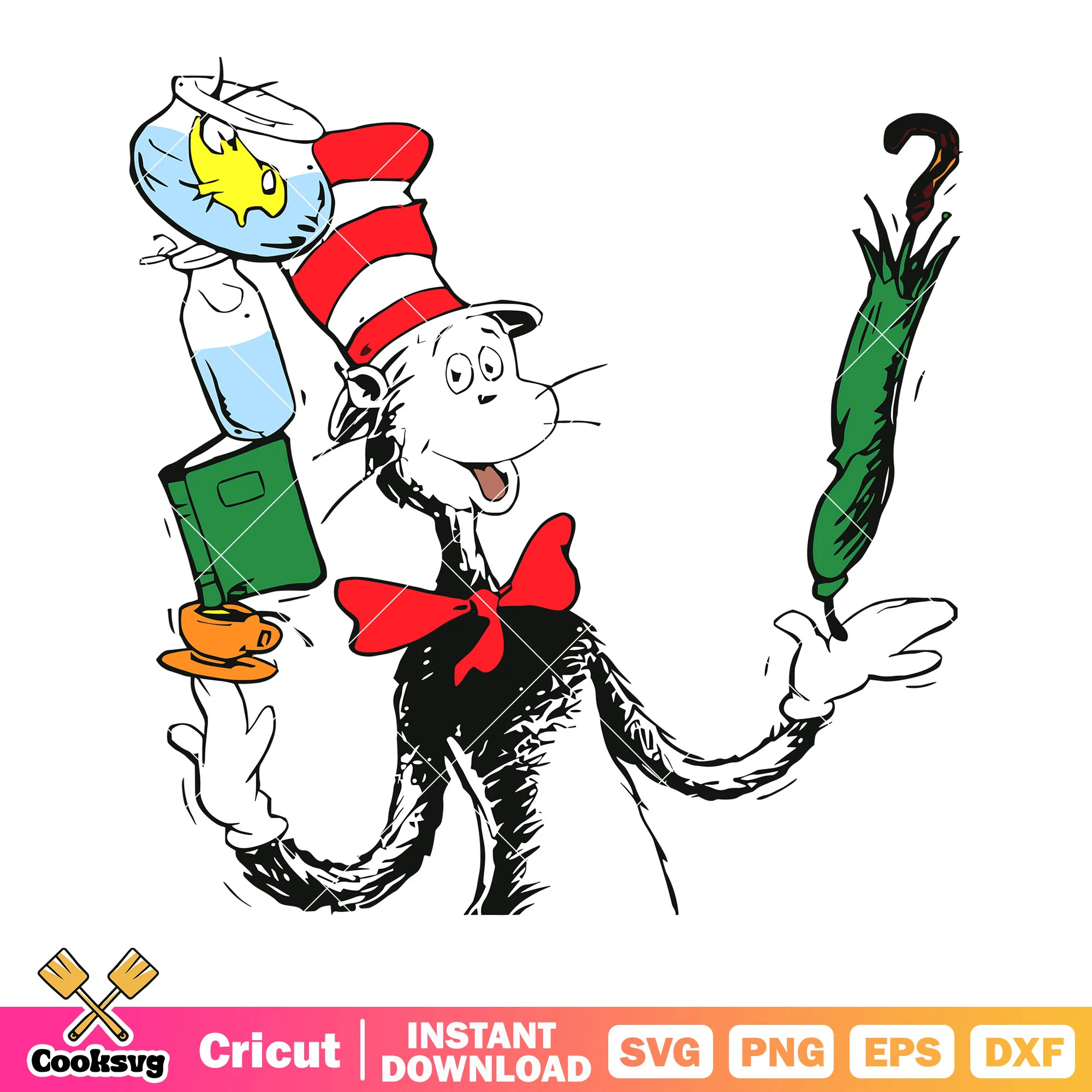 The Cat svg, green umbrella svg, red and white stripped top hat svg