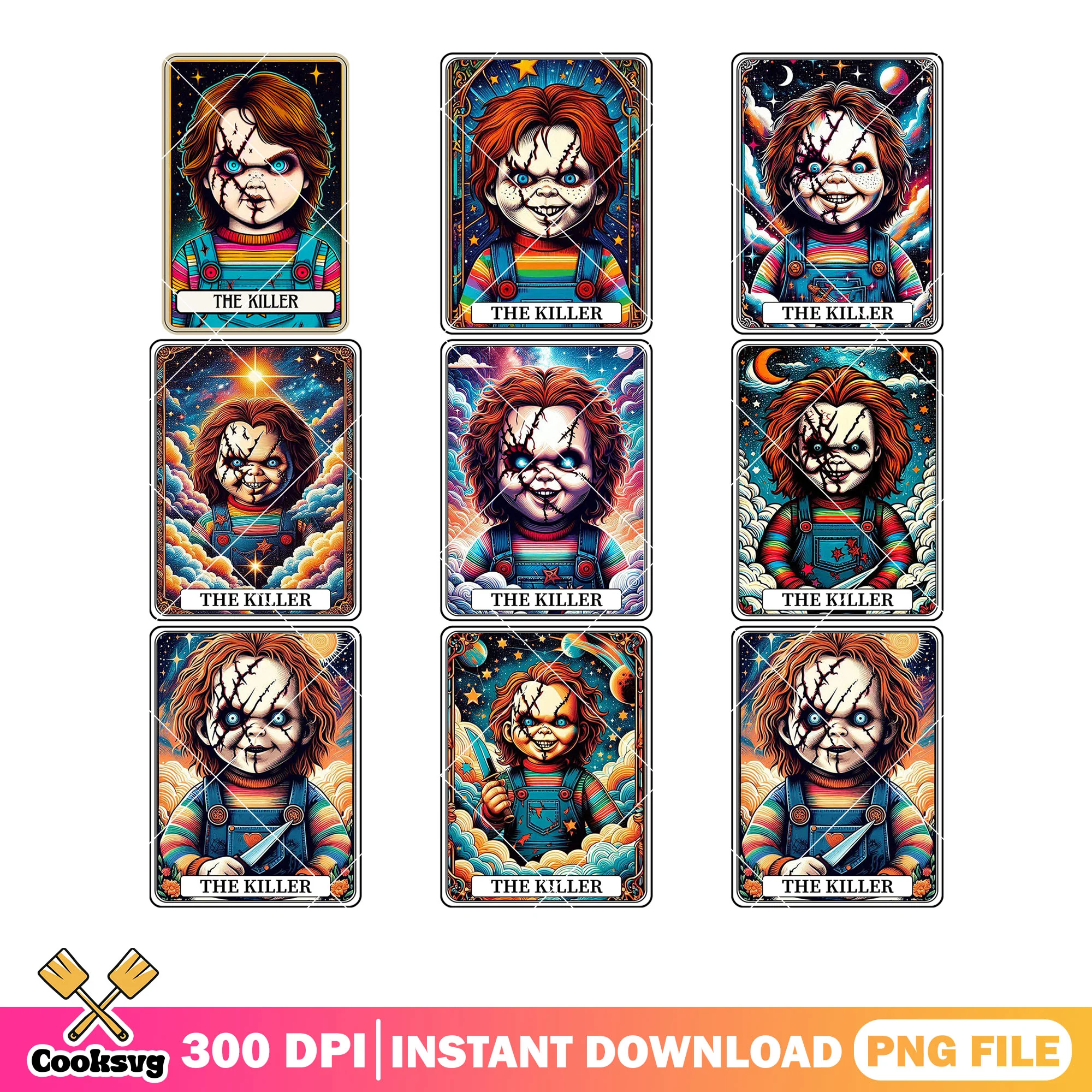 The killer chucky png bundle, magic cloud png, scared face png