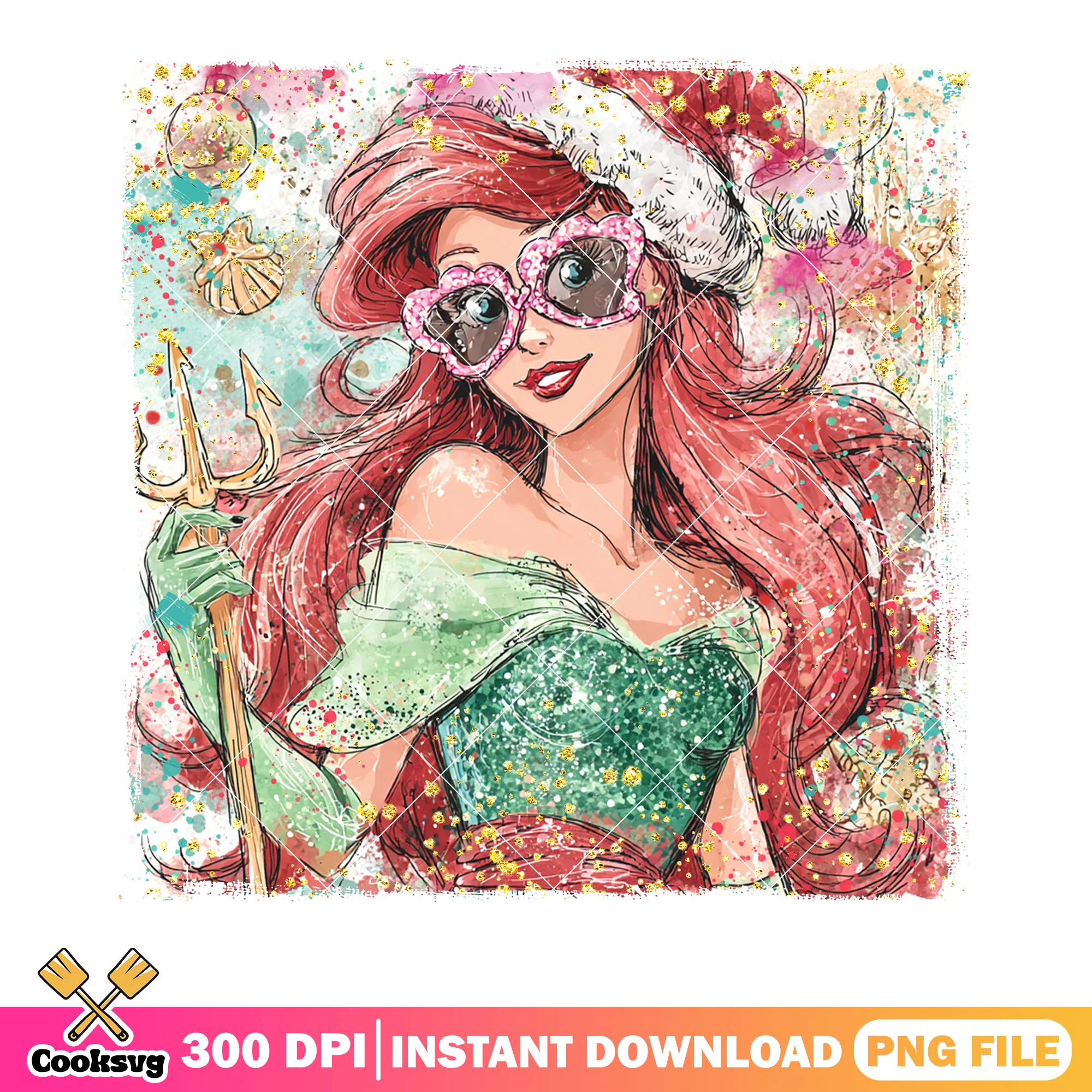 The little mermaid xmas png, ariel mermaid png, merry christmas png