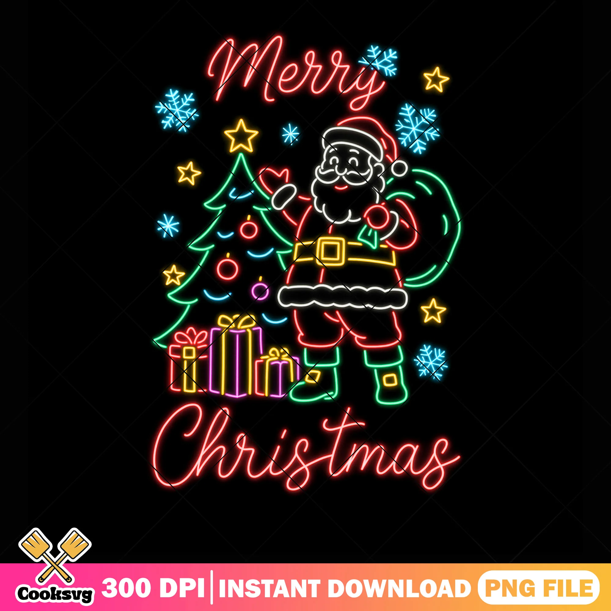 The merry christmas neon png, santa claus png, christmas tree png