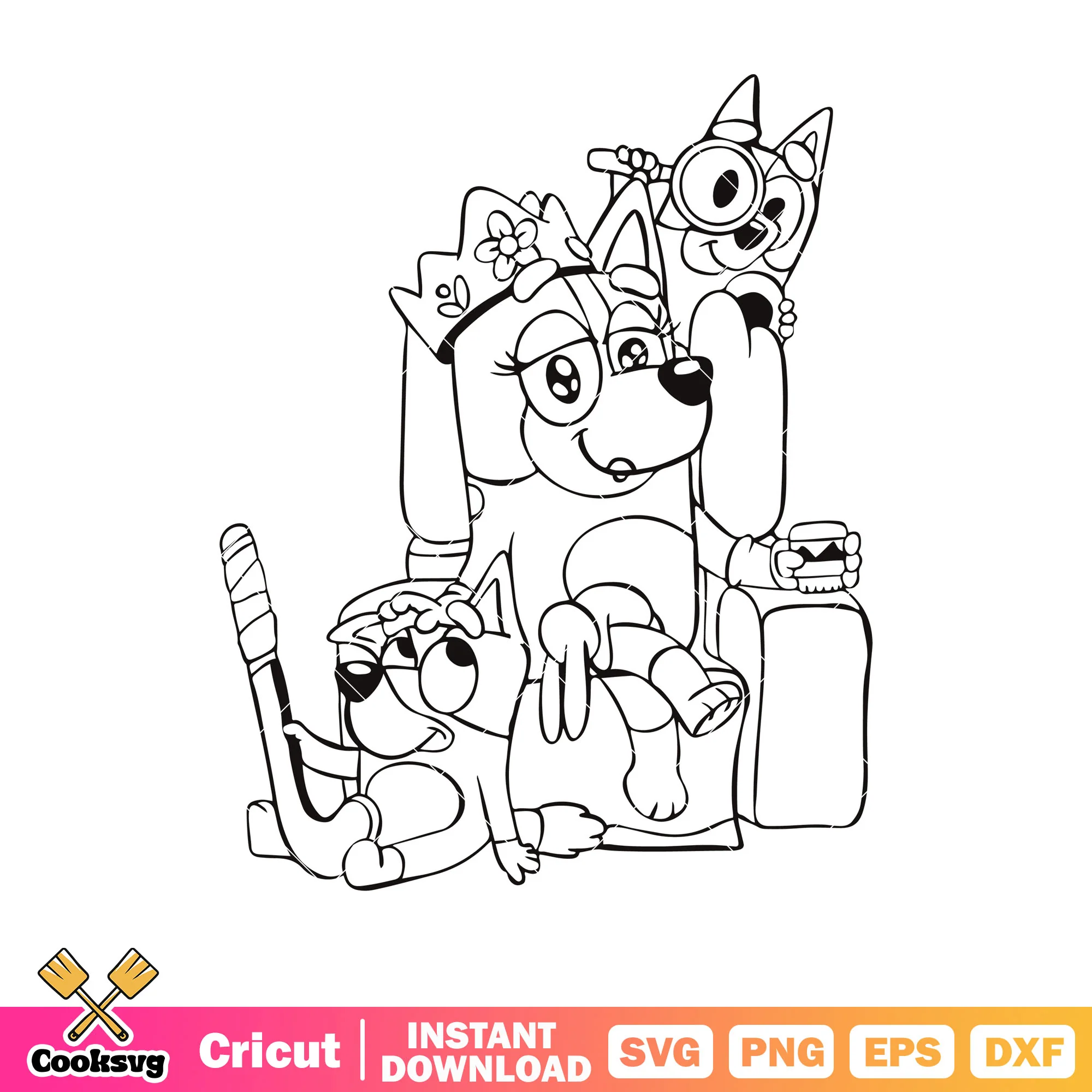 The queen mumlife and bluey bingo svg, cartoon bluey svg, bluey outline svg