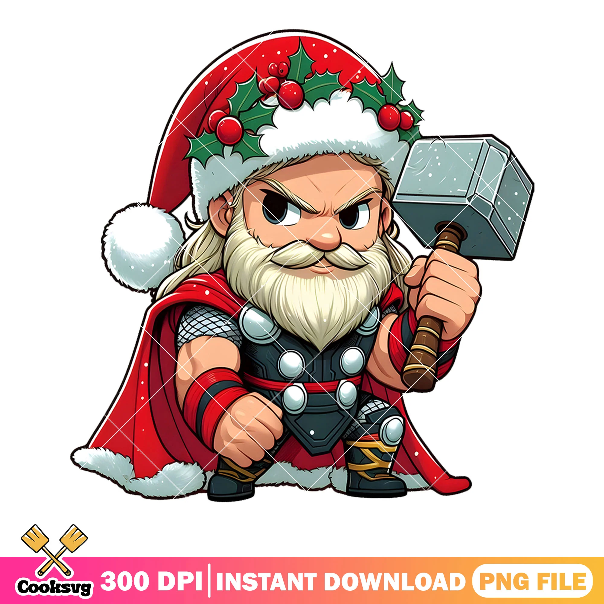 Thor christmas chibi png, god of thunder png, hammer santa hat png