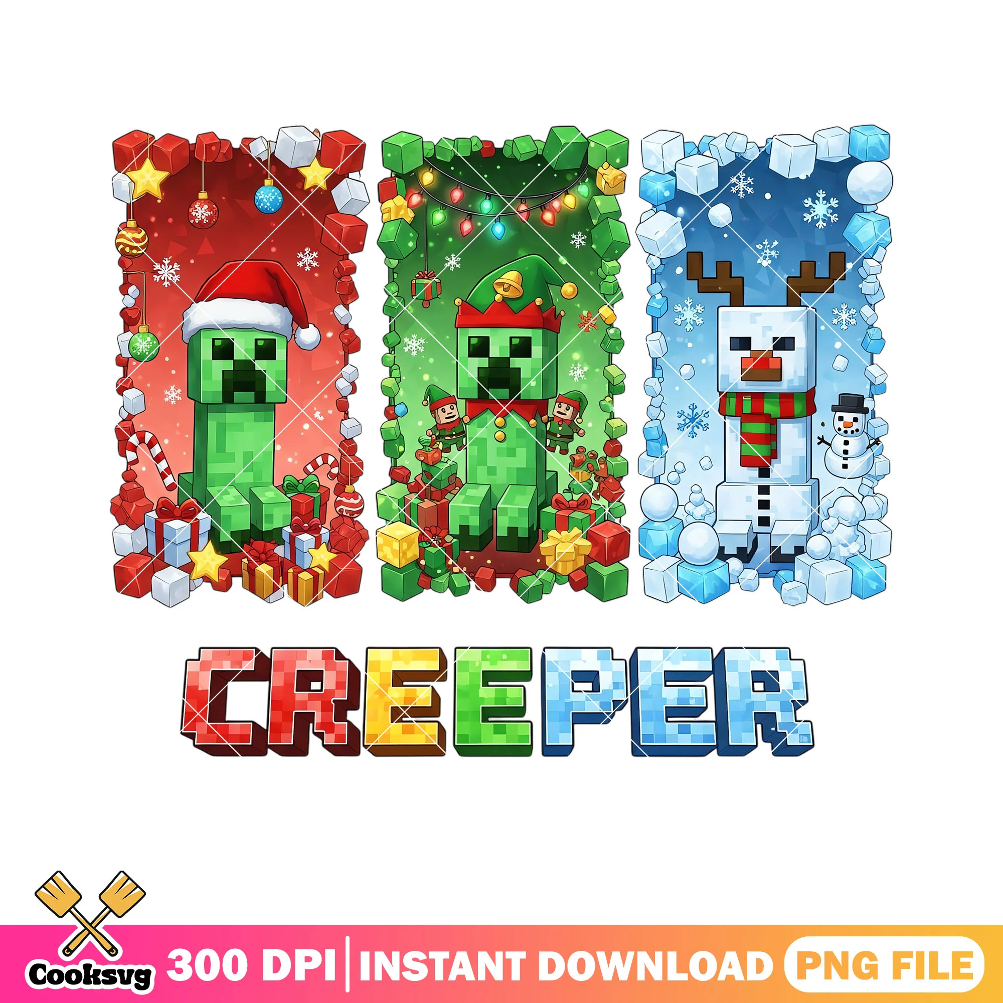 Three type creeper christmas png, christmas gifts png, minecraft png