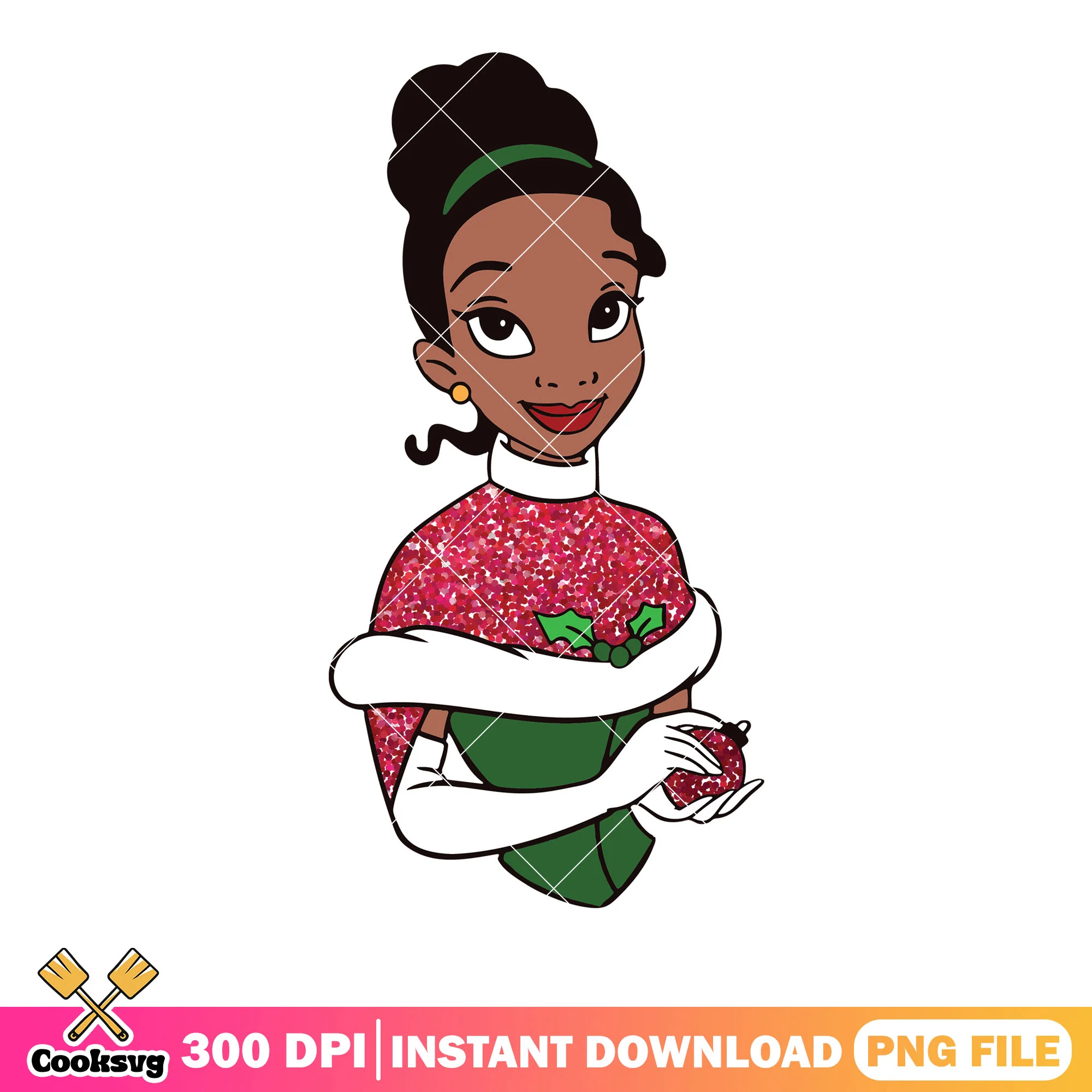 Tiana frog princess christmas png, glitter dress png, close up png