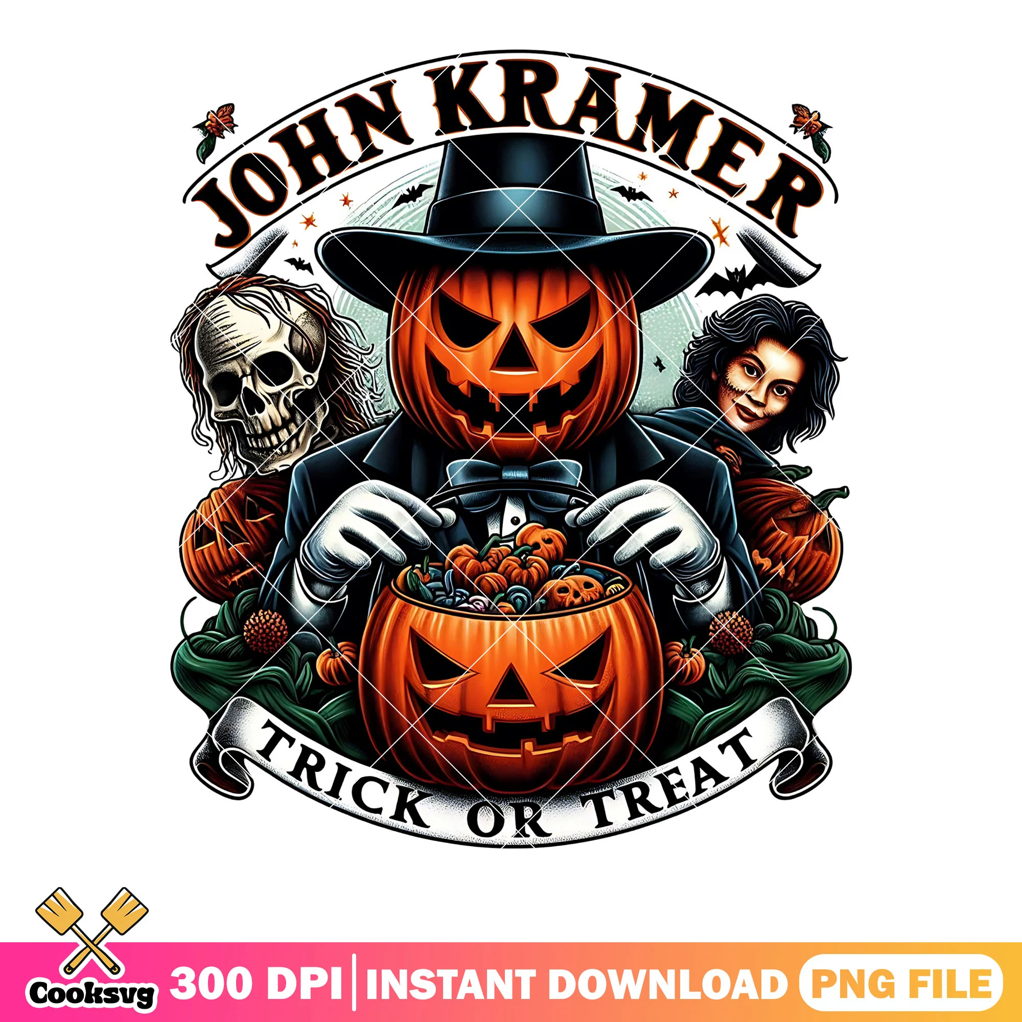 Trick or treat John Kramere png, wicker pumpkin png, crazy halloween night png