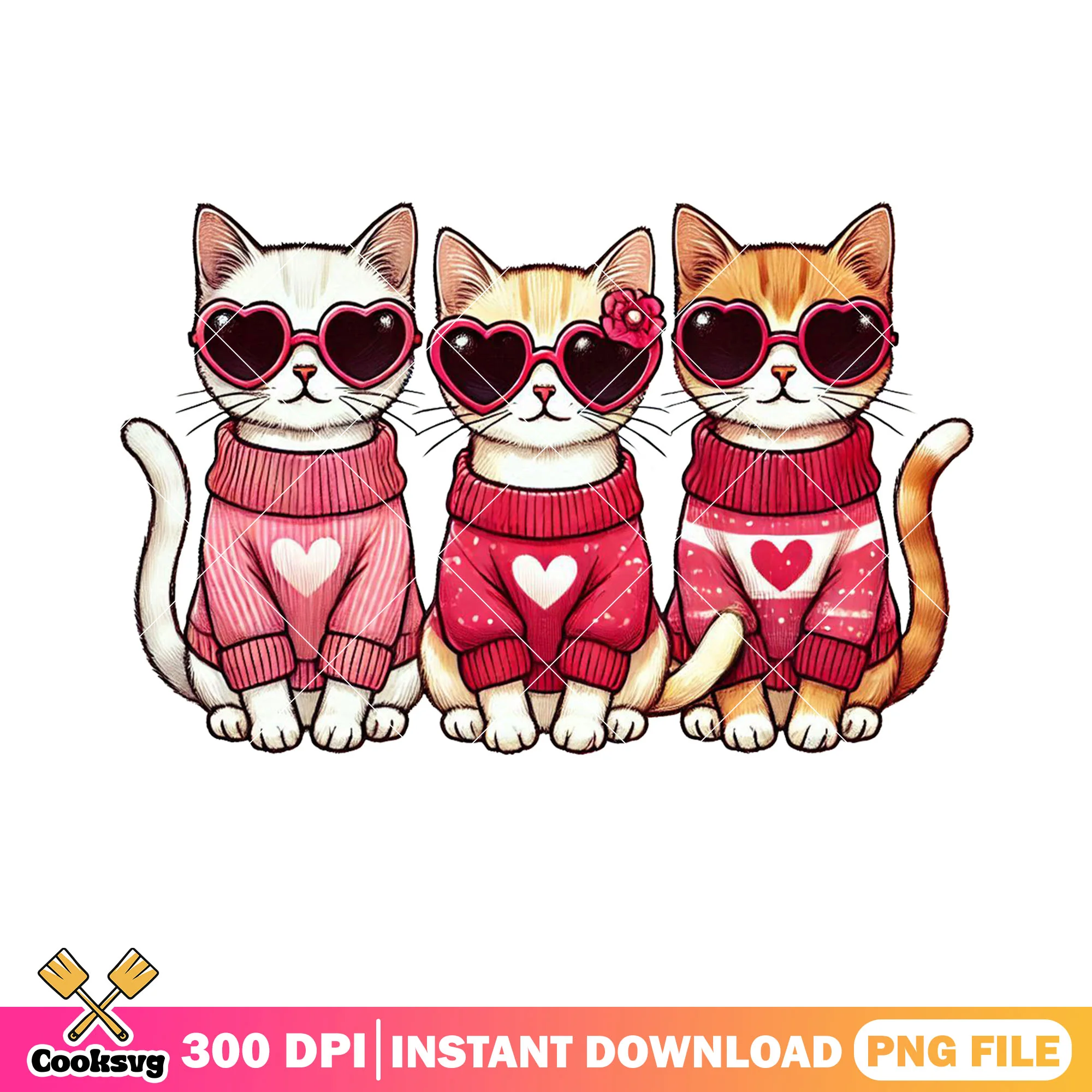 Trio cat valentines png, valentines sweater png, funny valentines png