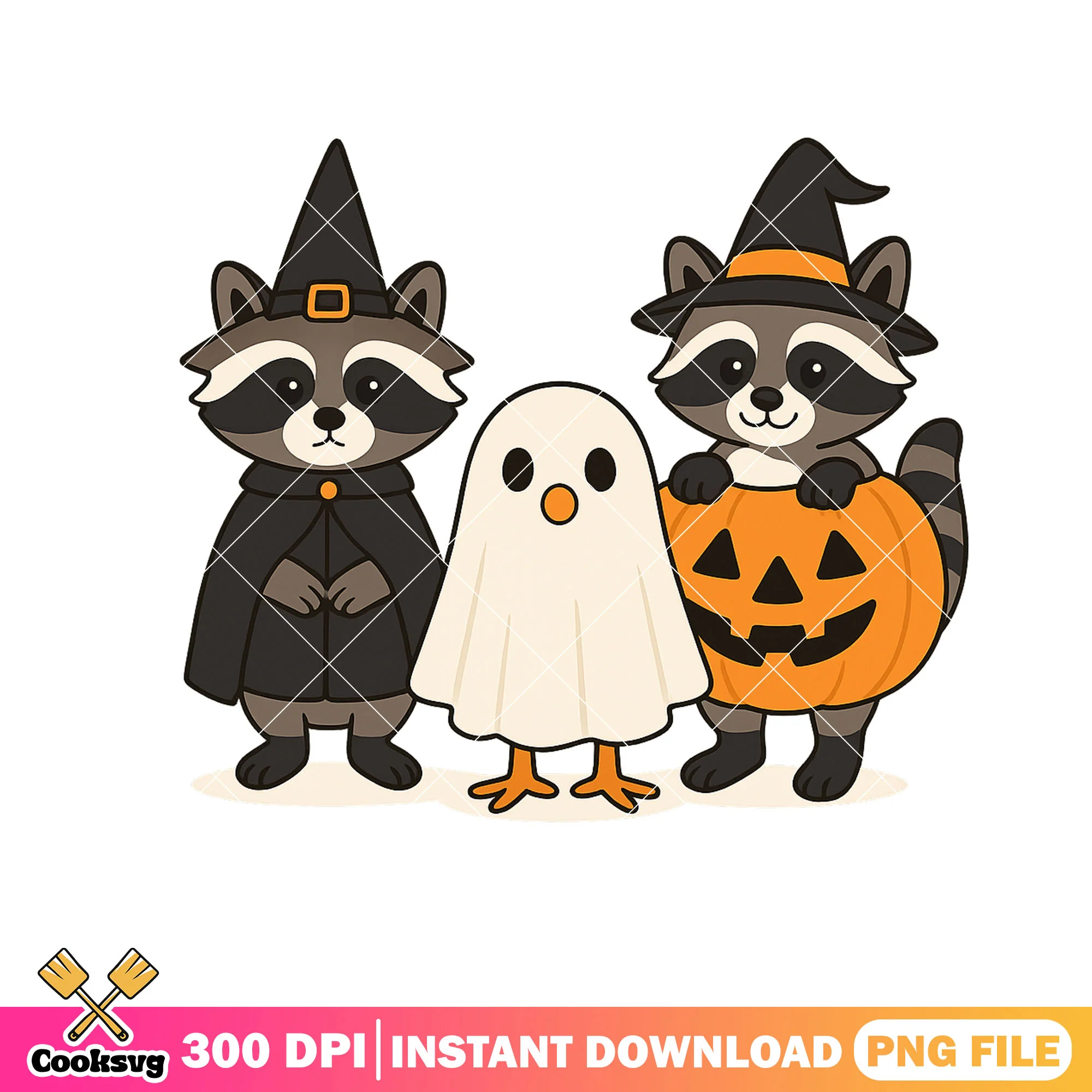 Two witch racoon and ghost png, jack o lantern png, scary halloween night png
