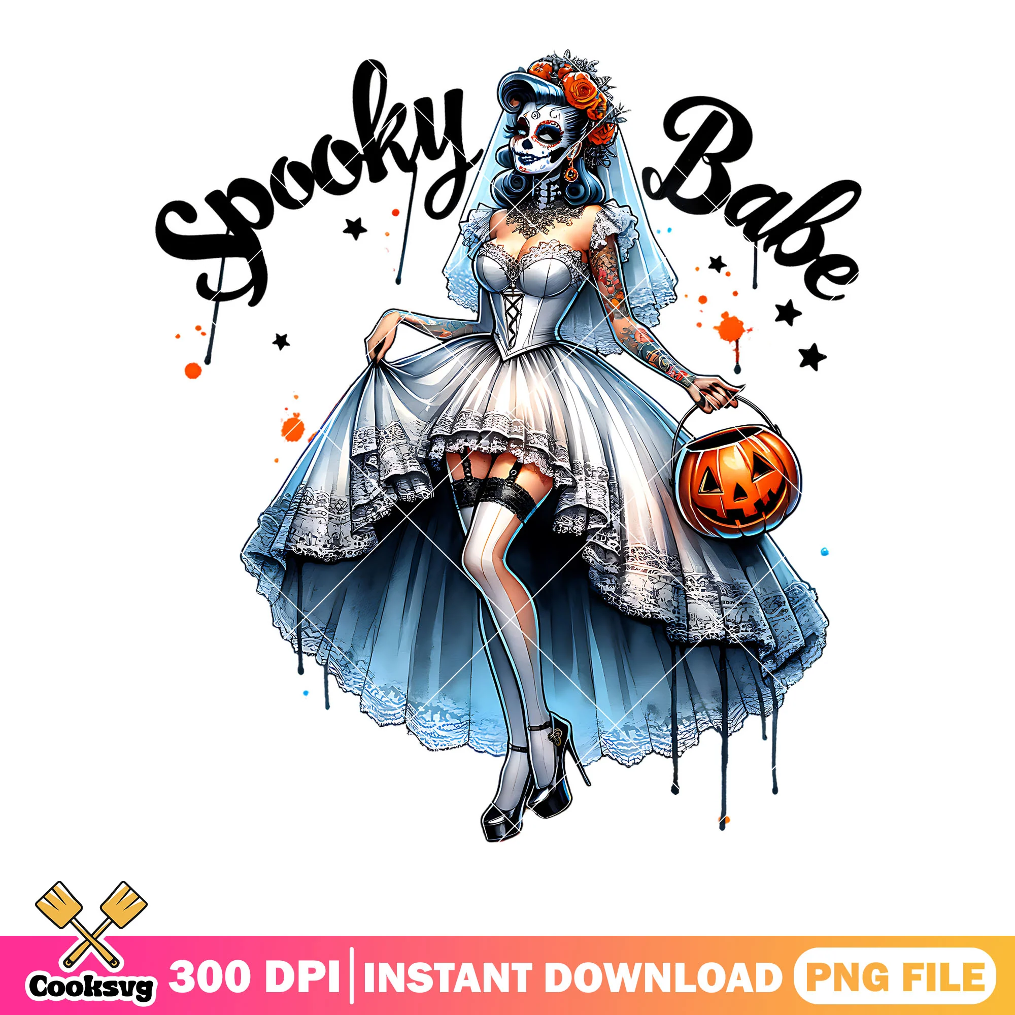 Wedding dress scary png, wicker pumpkin png, scary halloween png