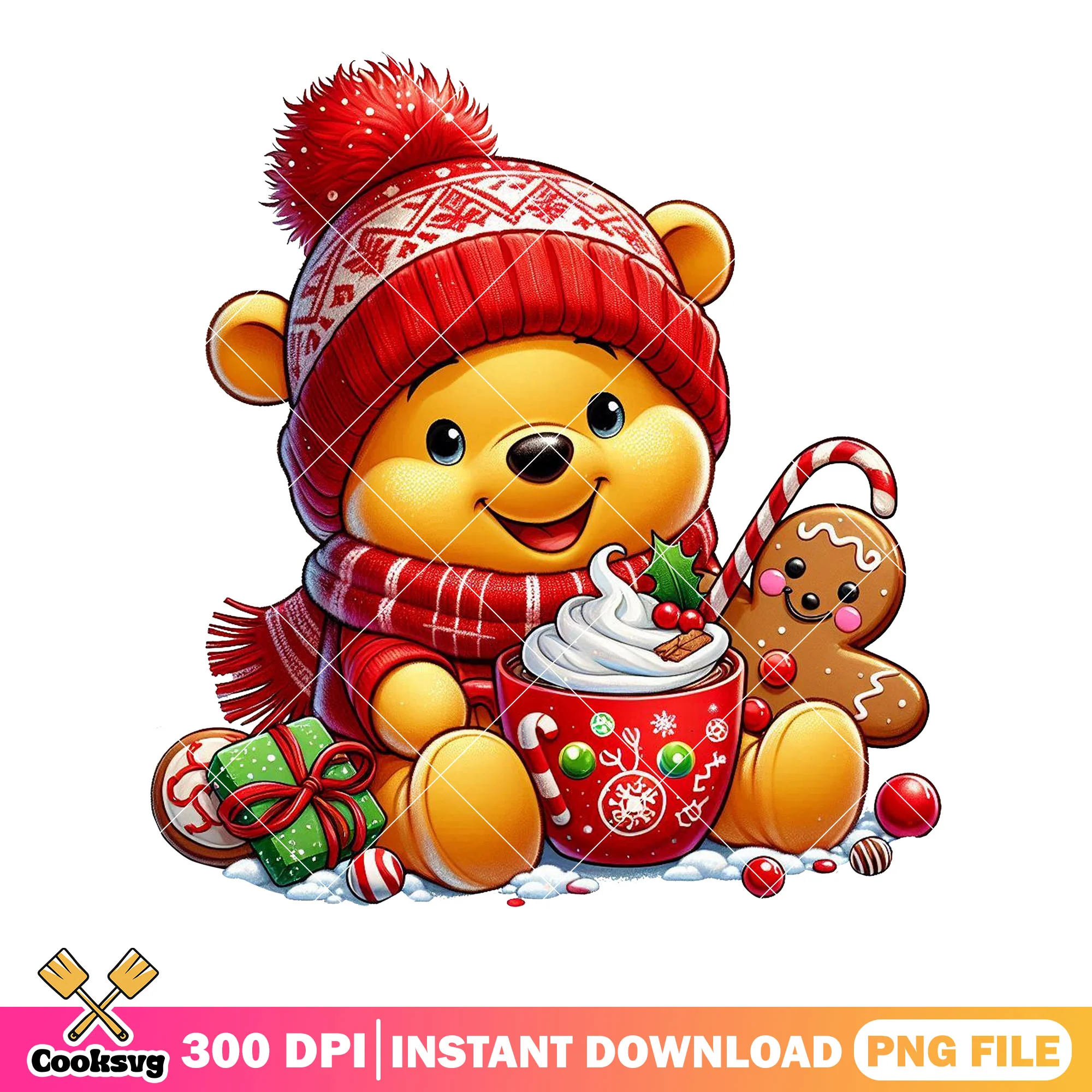 Winnie the pooh holding png, gingerbread hot drink png, candy cane png