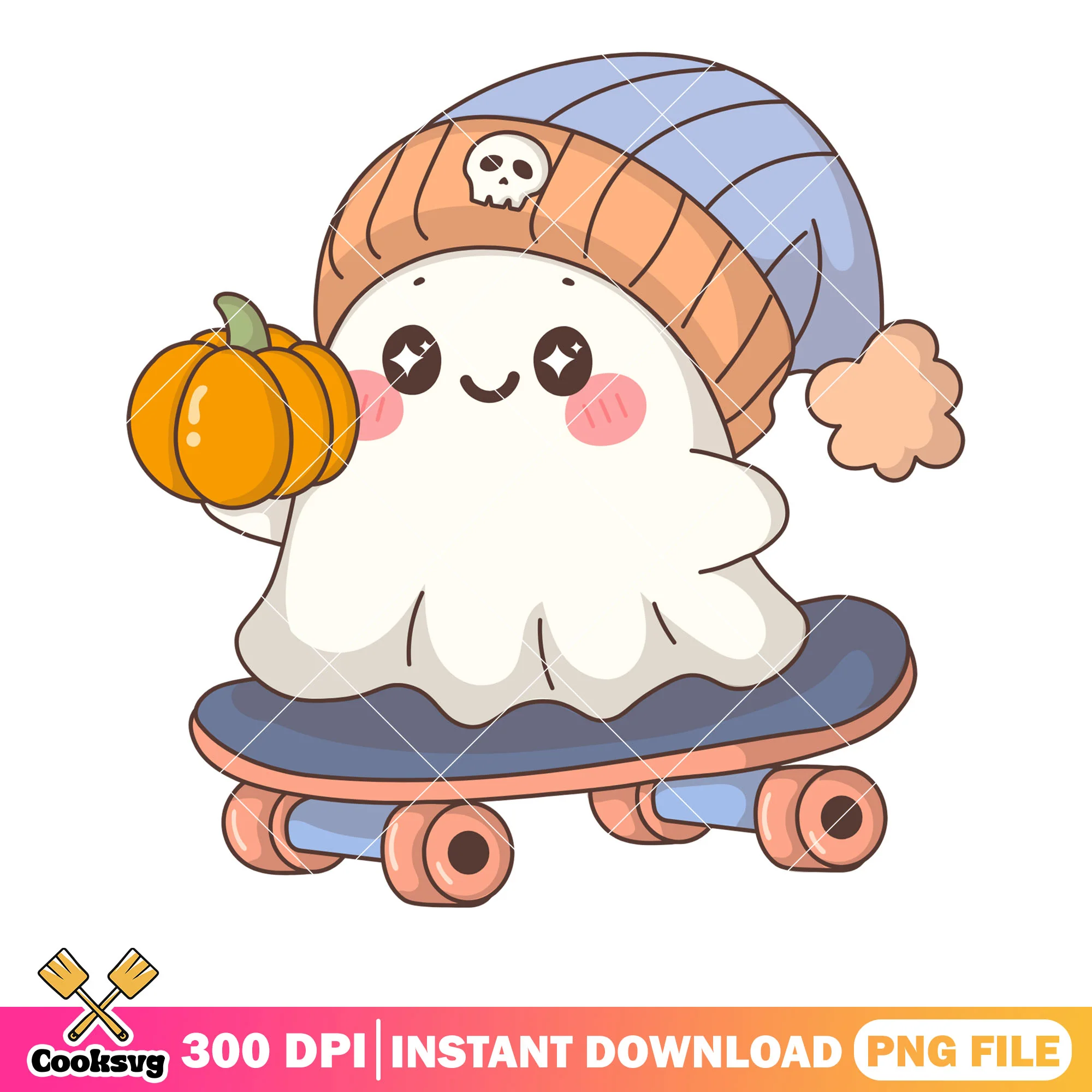 Winter vibes skateboard png, ghost costume png, halloween scary png