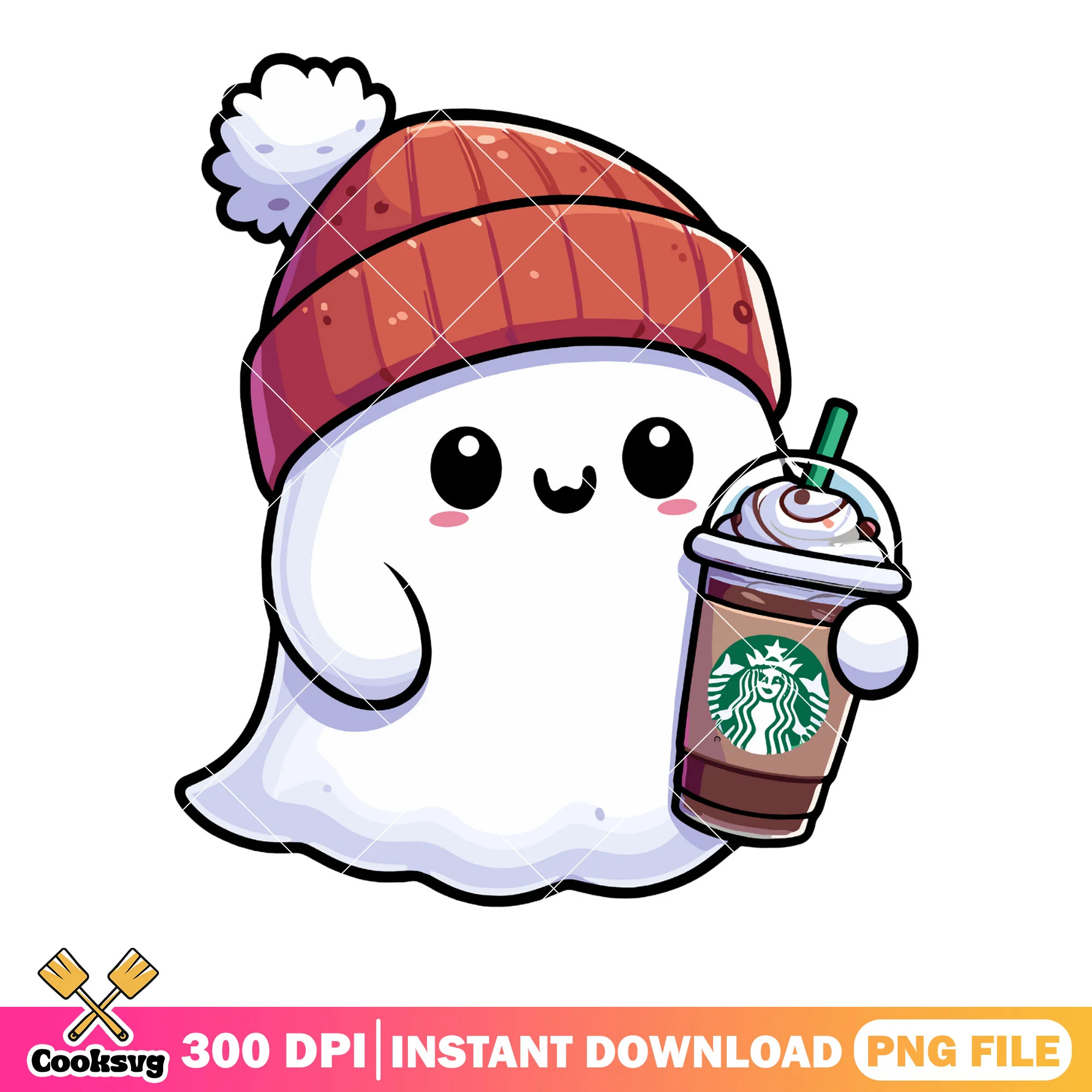 Winter vibes starbuck png, ghost costume png, scary night png