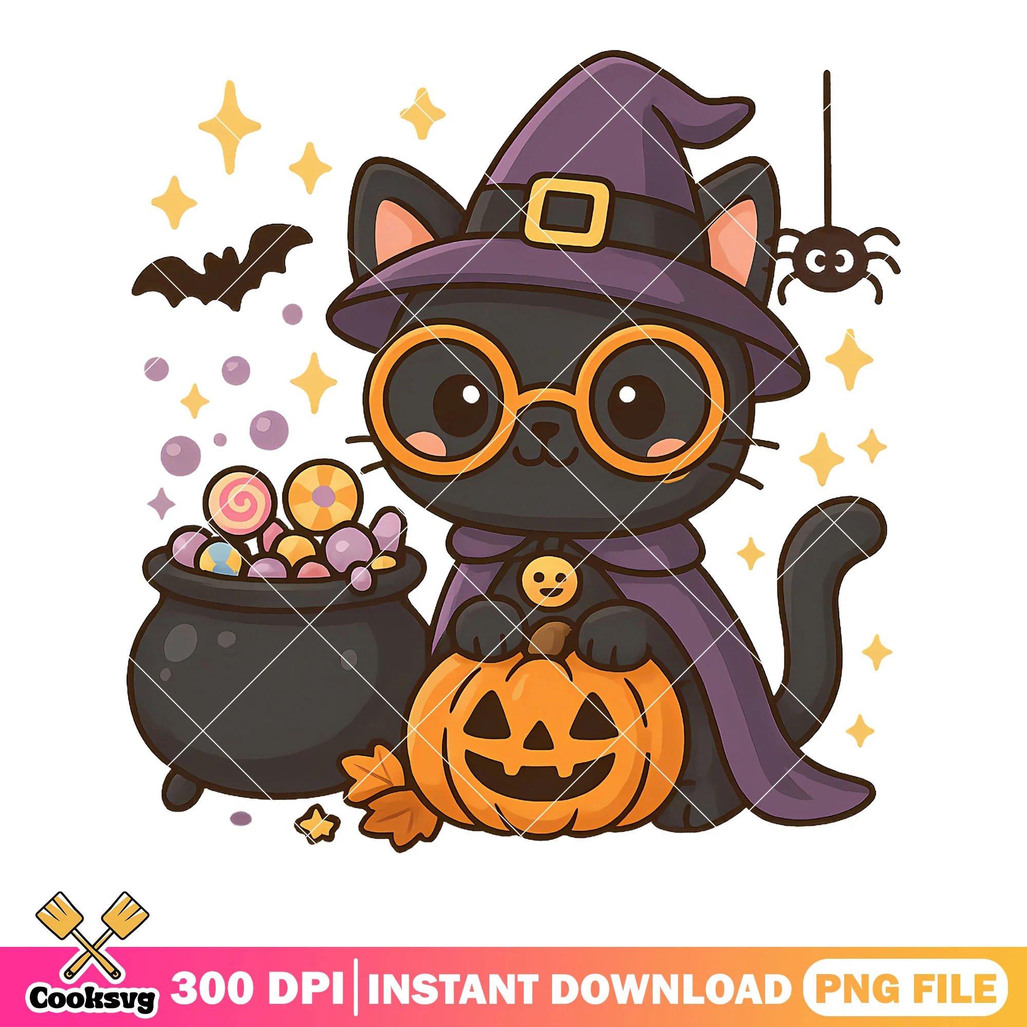 Witch Black cat png, wicker pumpkkin png, scary halloween night png