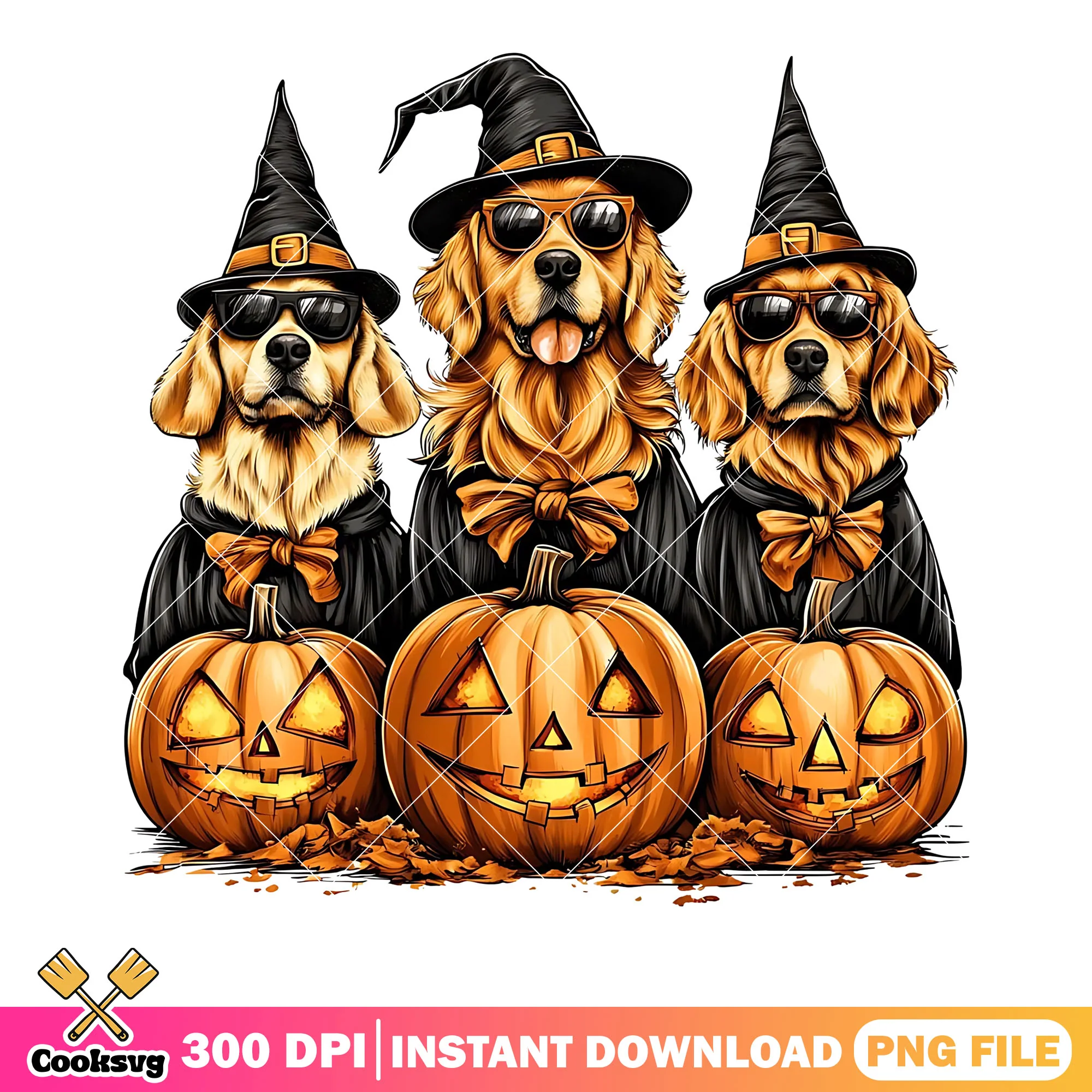 Witch Golden retriever png, wicker pumpkin png, scary halloween night png