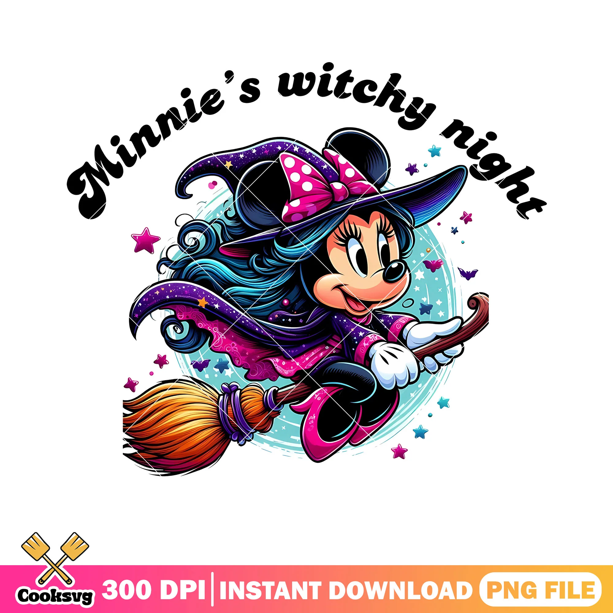 Witch night minnie png, ride the witche broom png, pink high heel png