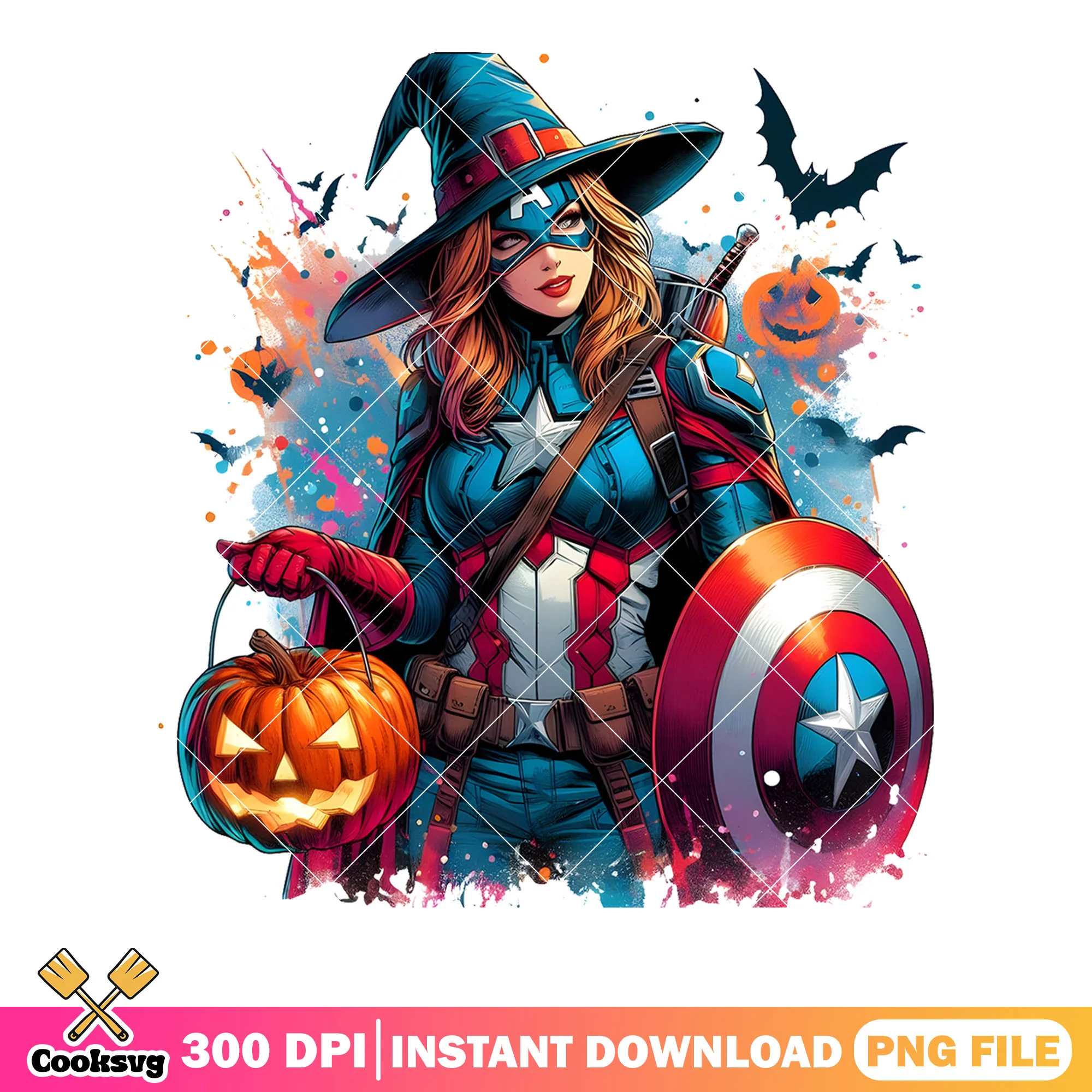 Women Captain America png, witch costume png, Marvel Halloween png