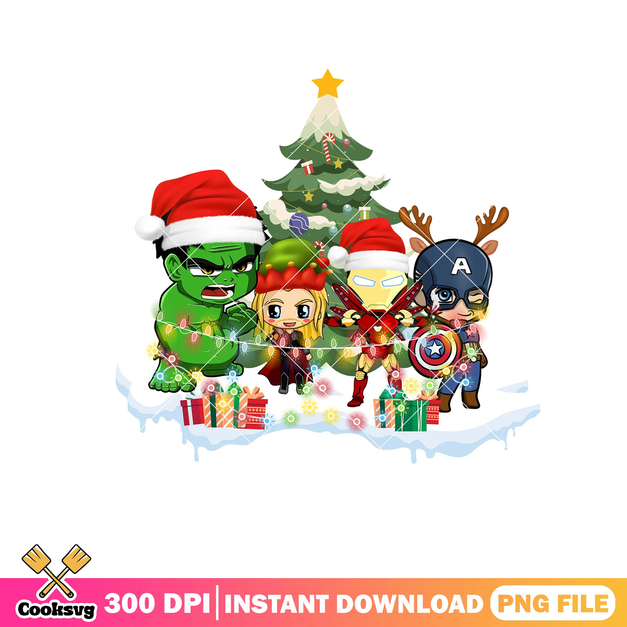 Xmas Hulk the monster his friends png, christmas gifts png, iron man png
