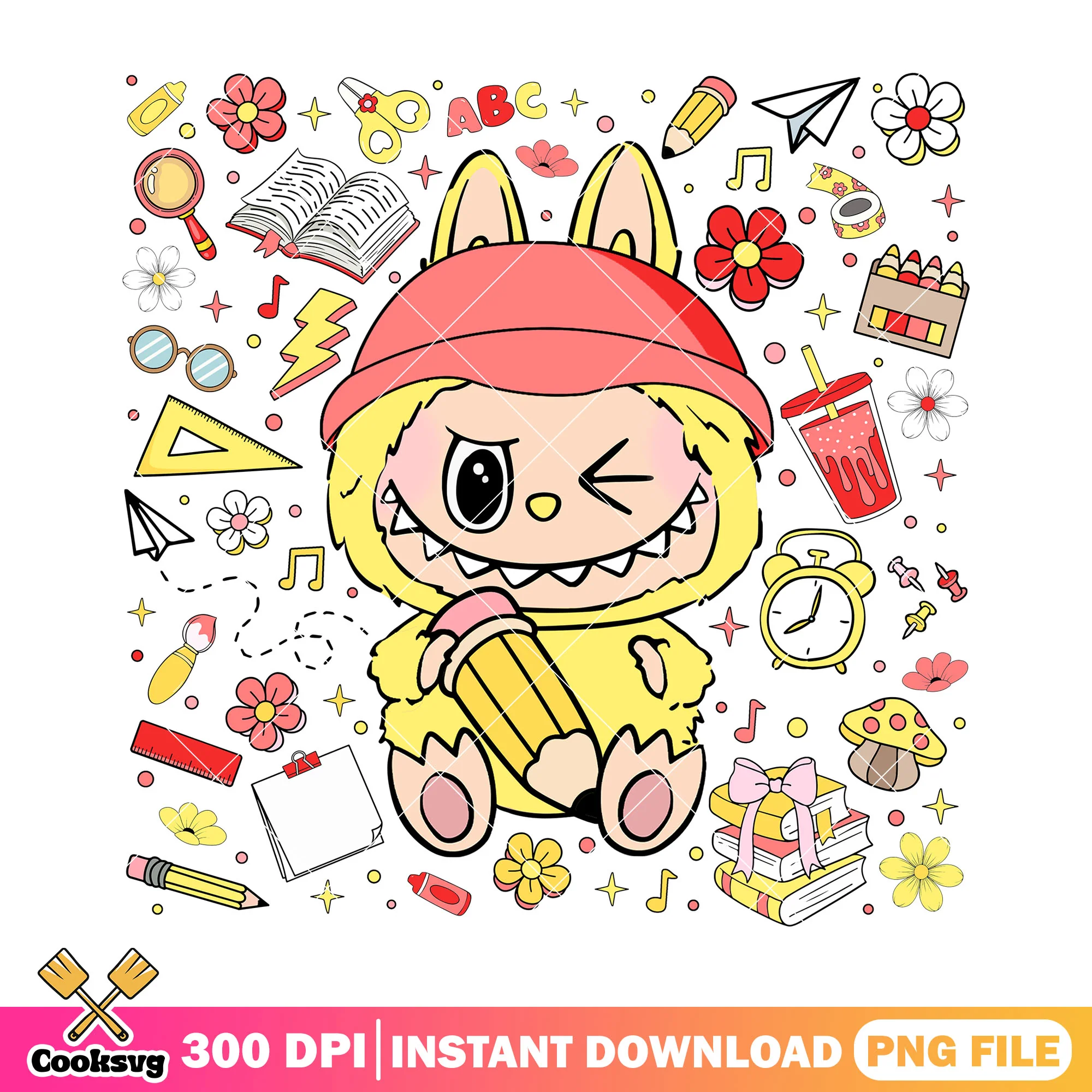 Yellow labubu back to school png, cute labubu png, labubu png
