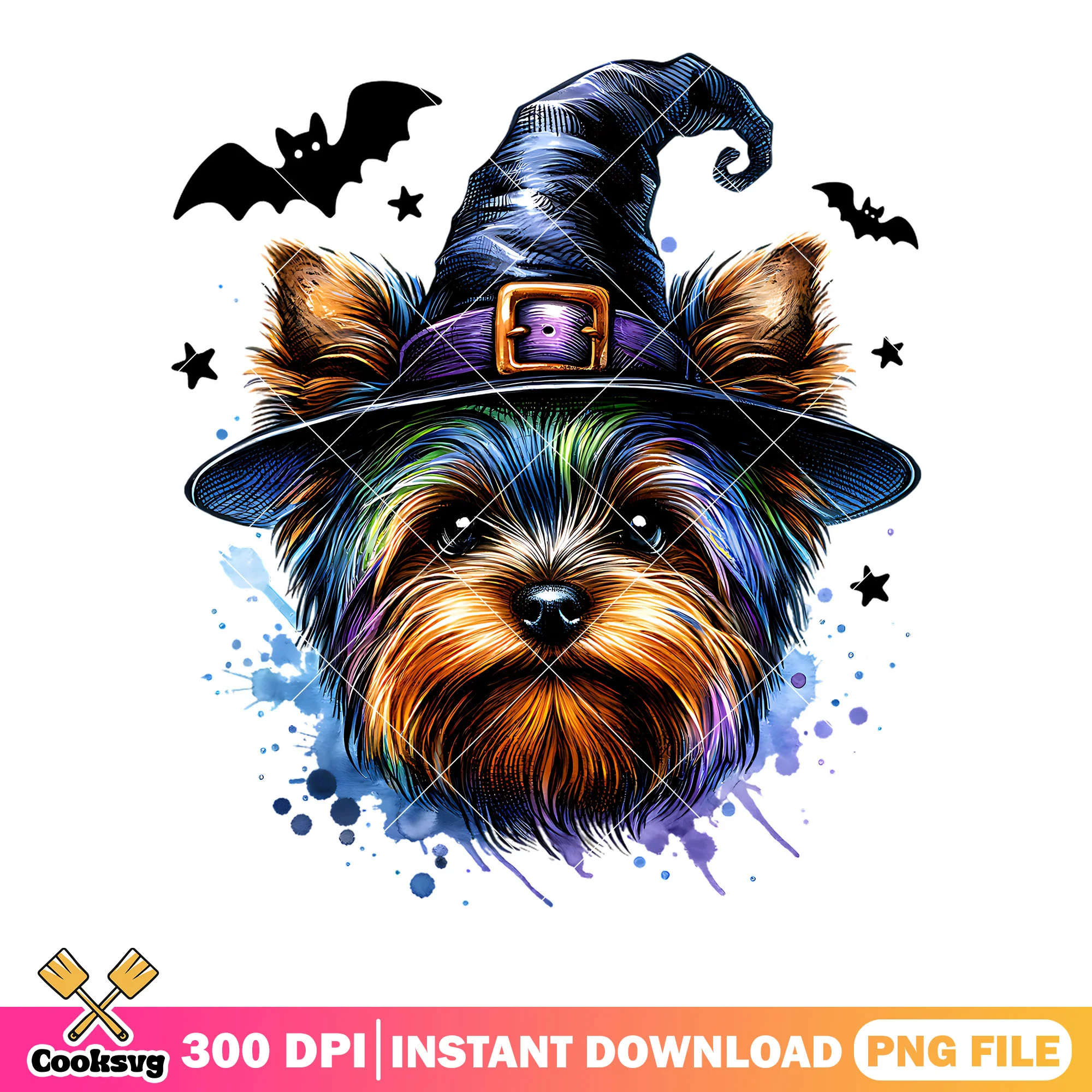 Yorkia the dog and scary bats png, witch hat png, halloween scary png