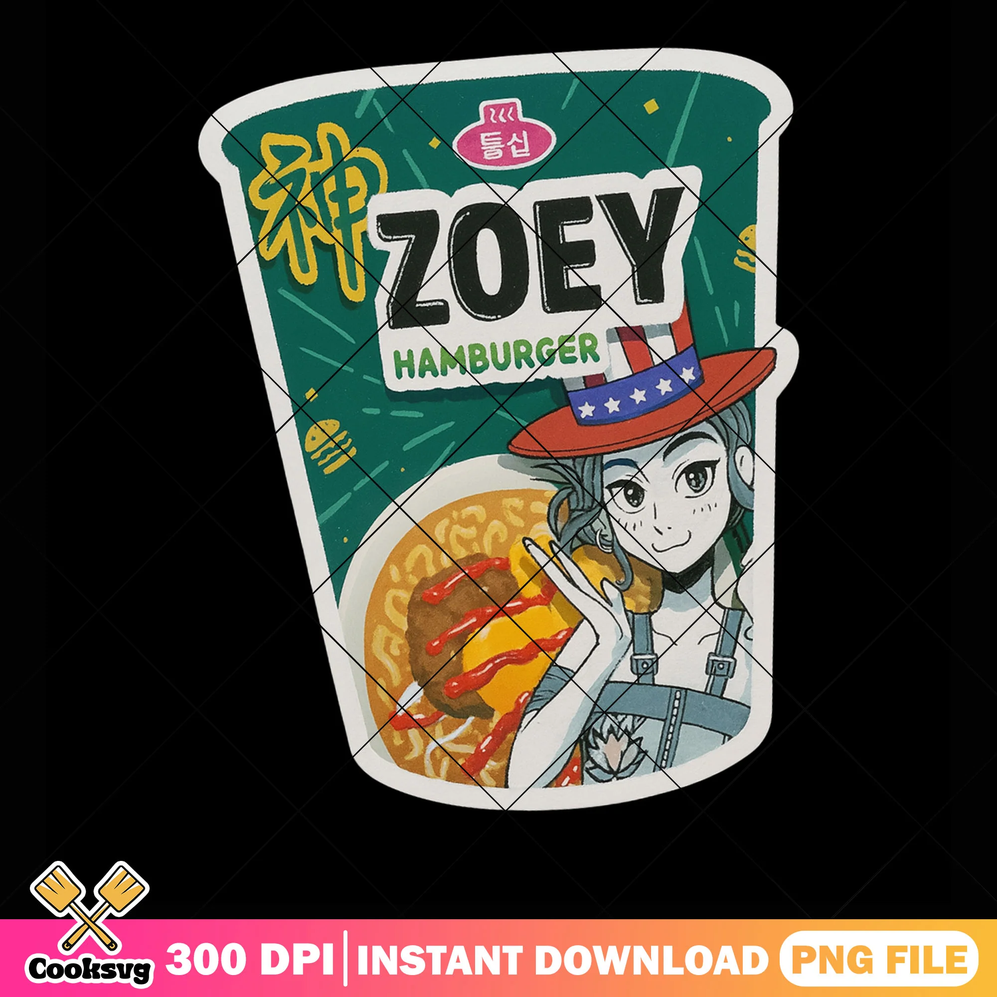 Zoey hamburger png sticker, huntrix ramyeon png, kpop zoey png
